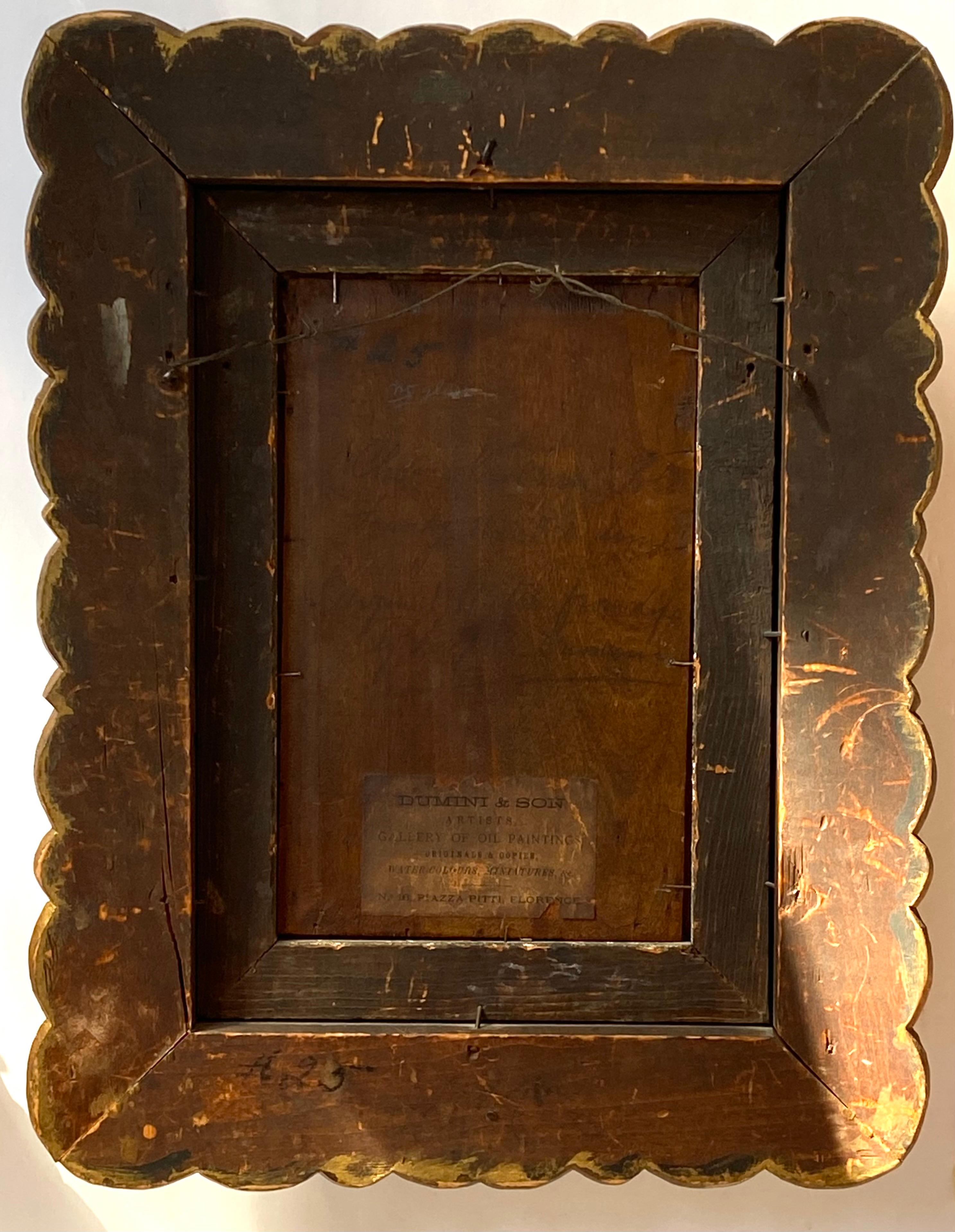 Dipinto originale a olio su pannello di legno raffigurante un bambino che chiede l'elemosina per una moneta. Il dipinto è attribuito alla mano di Leopoldo Dumini.  Circa 1865. Le condizioni sono molto buone. Titolato sul pannello sul retro. La terza