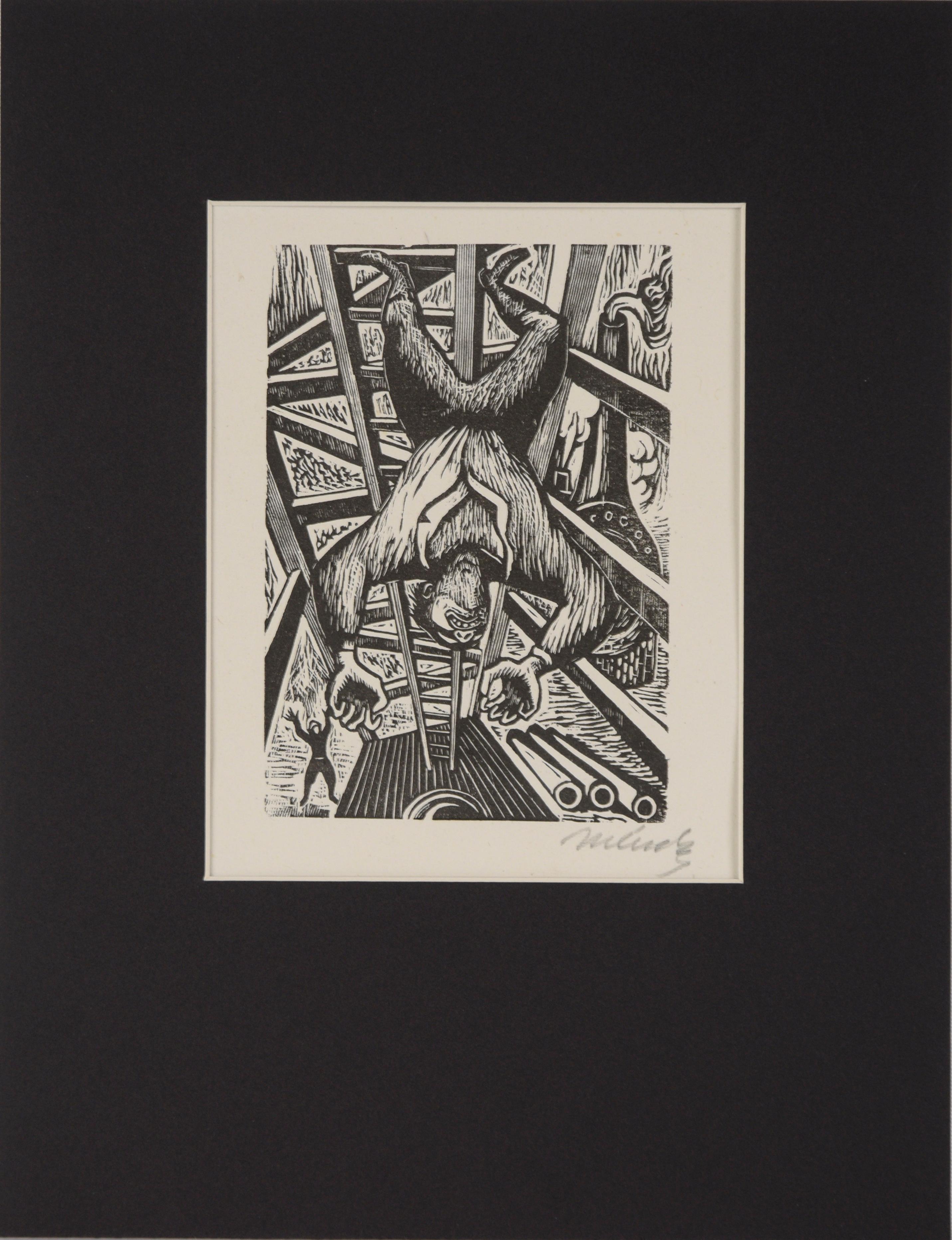 Figurative Print de Leopoldo Méndez - "Accidente" - 1943 Linograbado sobre papel