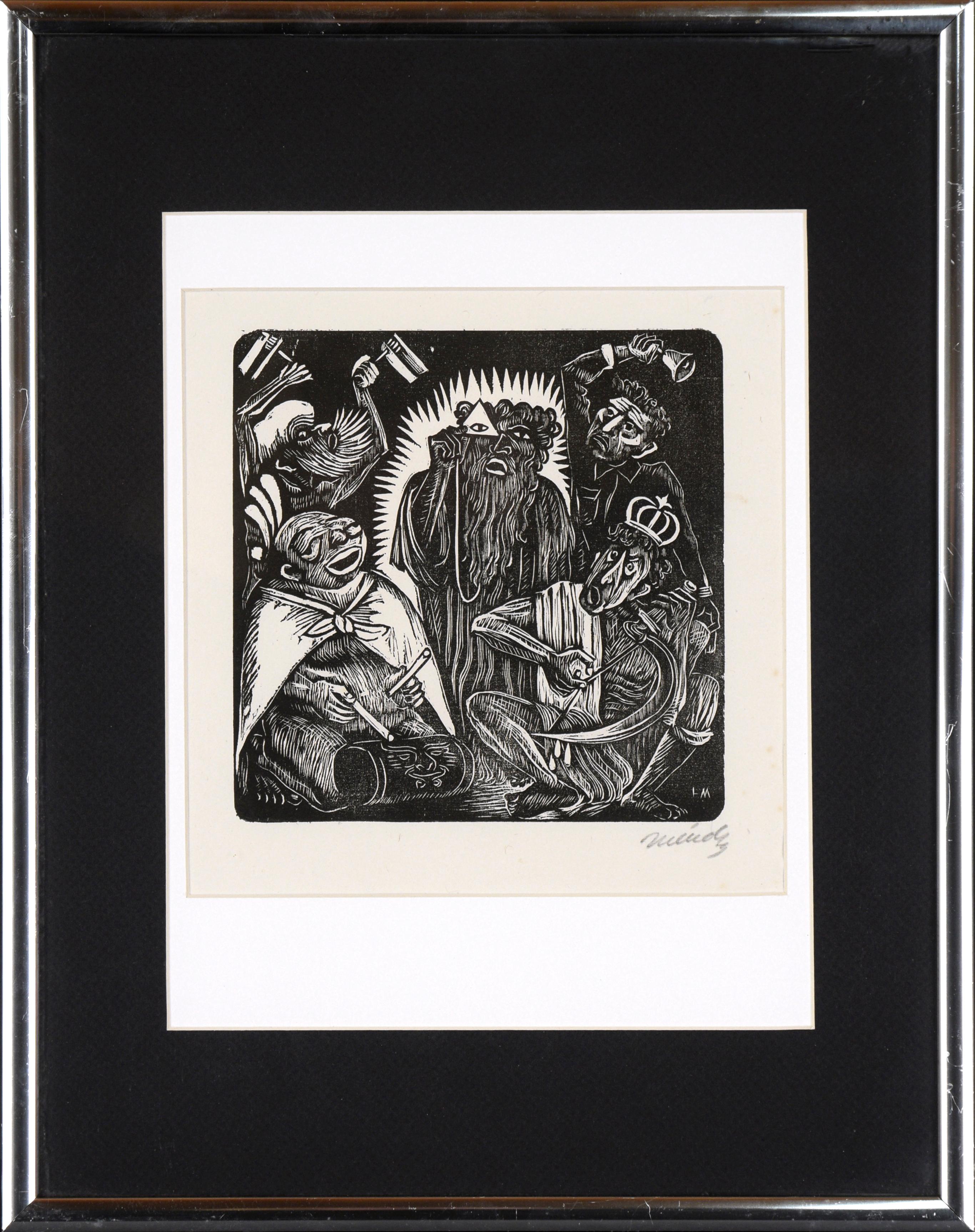 Figurative Print de Leopoldo Méndez - Dios y los Cuatro Evangelistas ("Concierto de los Necios") - 1943 Linograbado sobre papel