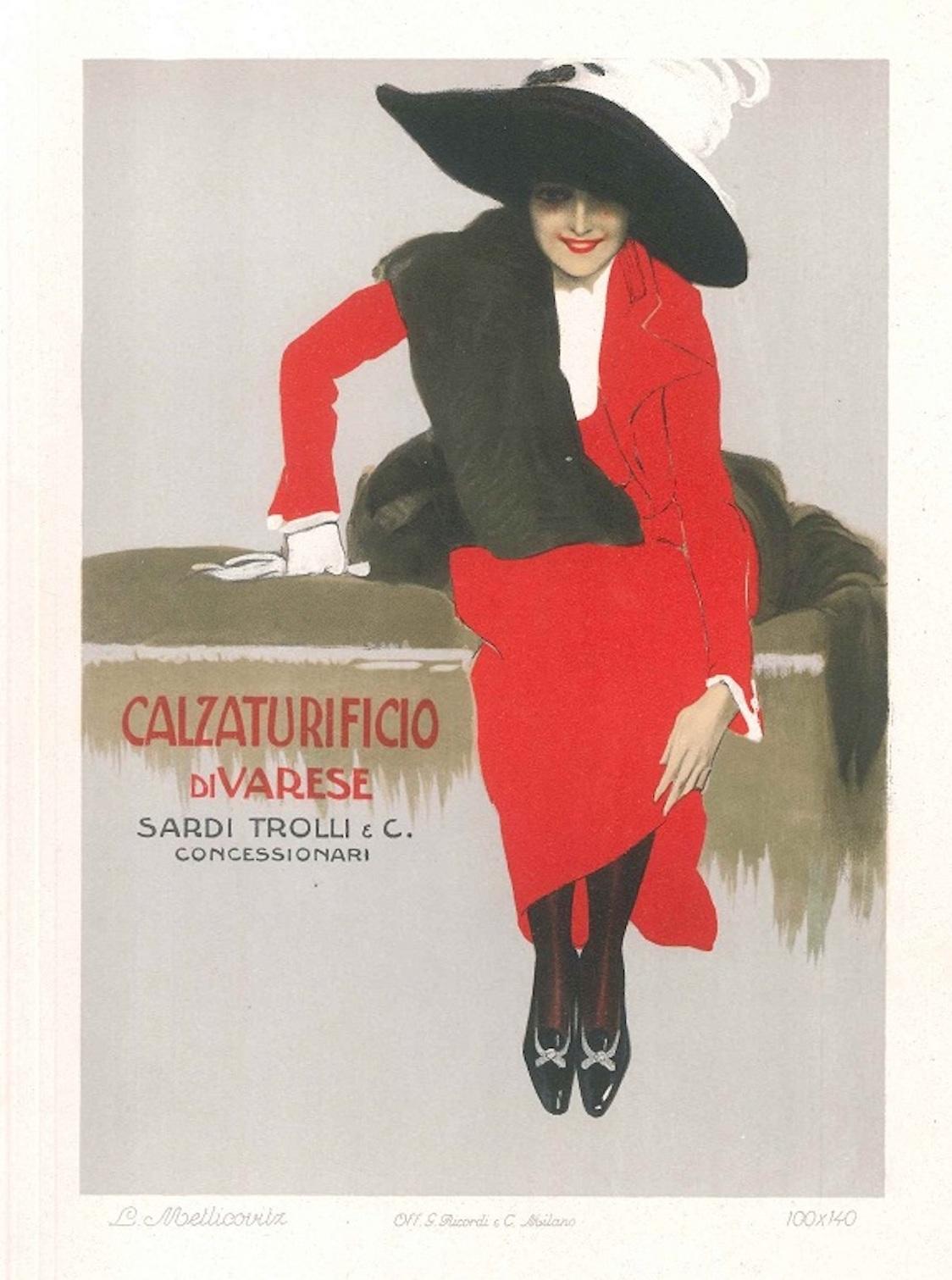 Leopoldo Metlicovitz Figurative Print - Calzaturificio di  Varese - Vintage Adv Lithograph by L. Metlicovitz - 1914