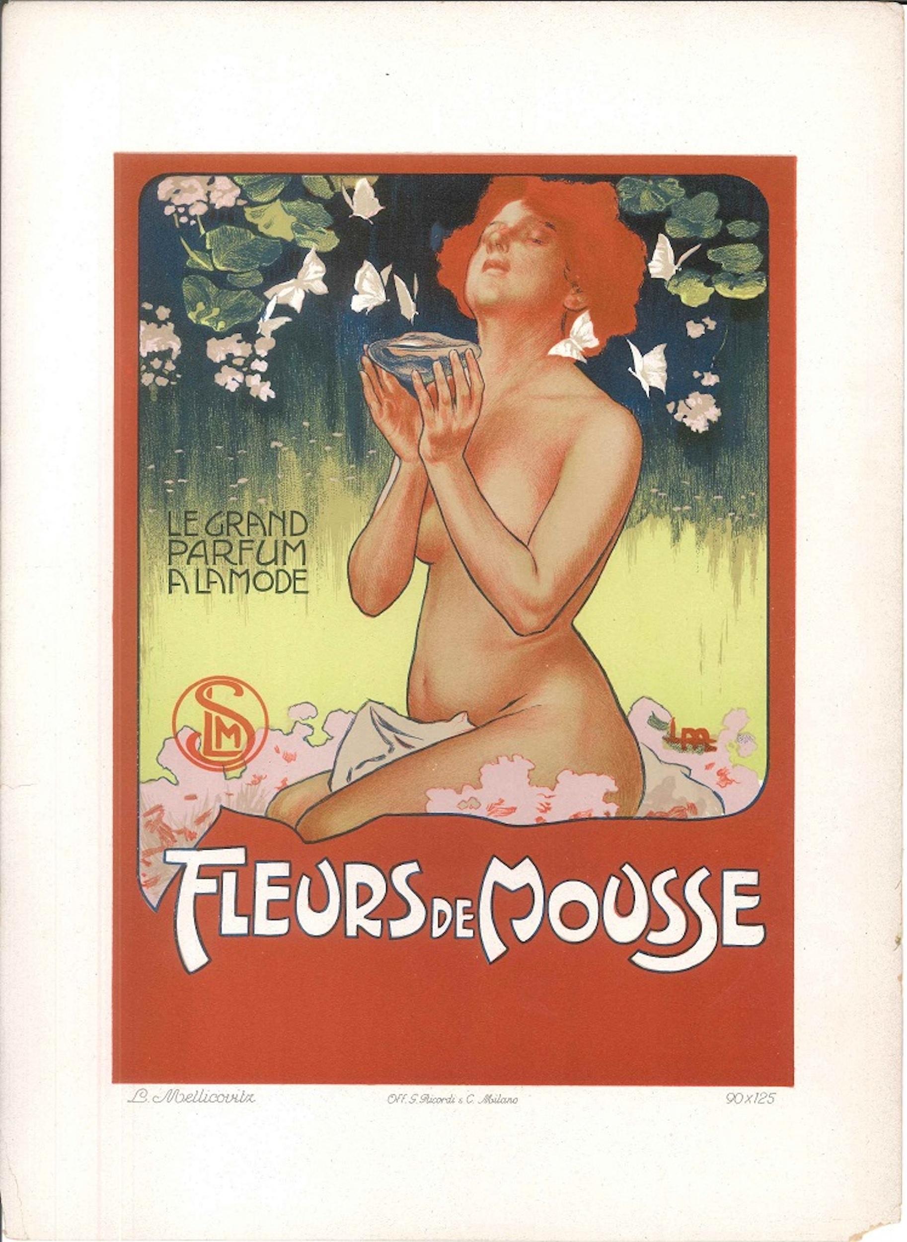 Fleurs de Mousse - Vintage Adv Lithograph by L. Metlicovitz - 1898 - Print by Leopoldo Metlicovitz