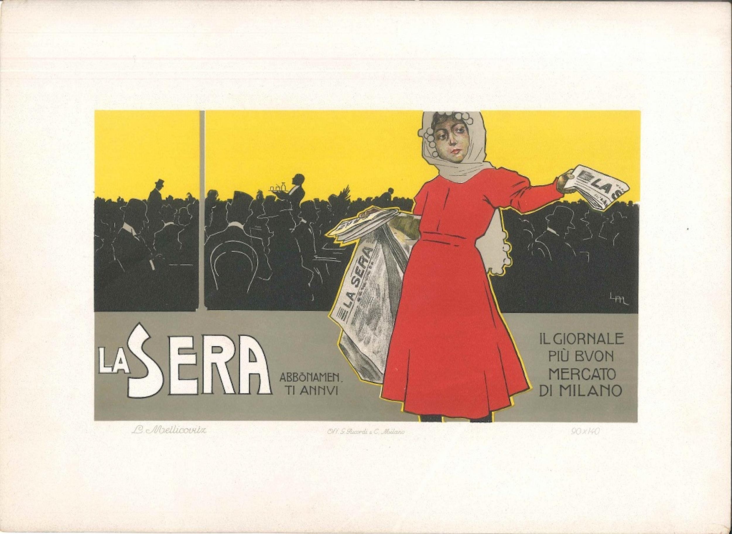 La Sera - Litografia pubblicitaria originale d'epoca di L. Metlicovitz - 1900 ca. - Print di Leopoldo Metlicovitz
