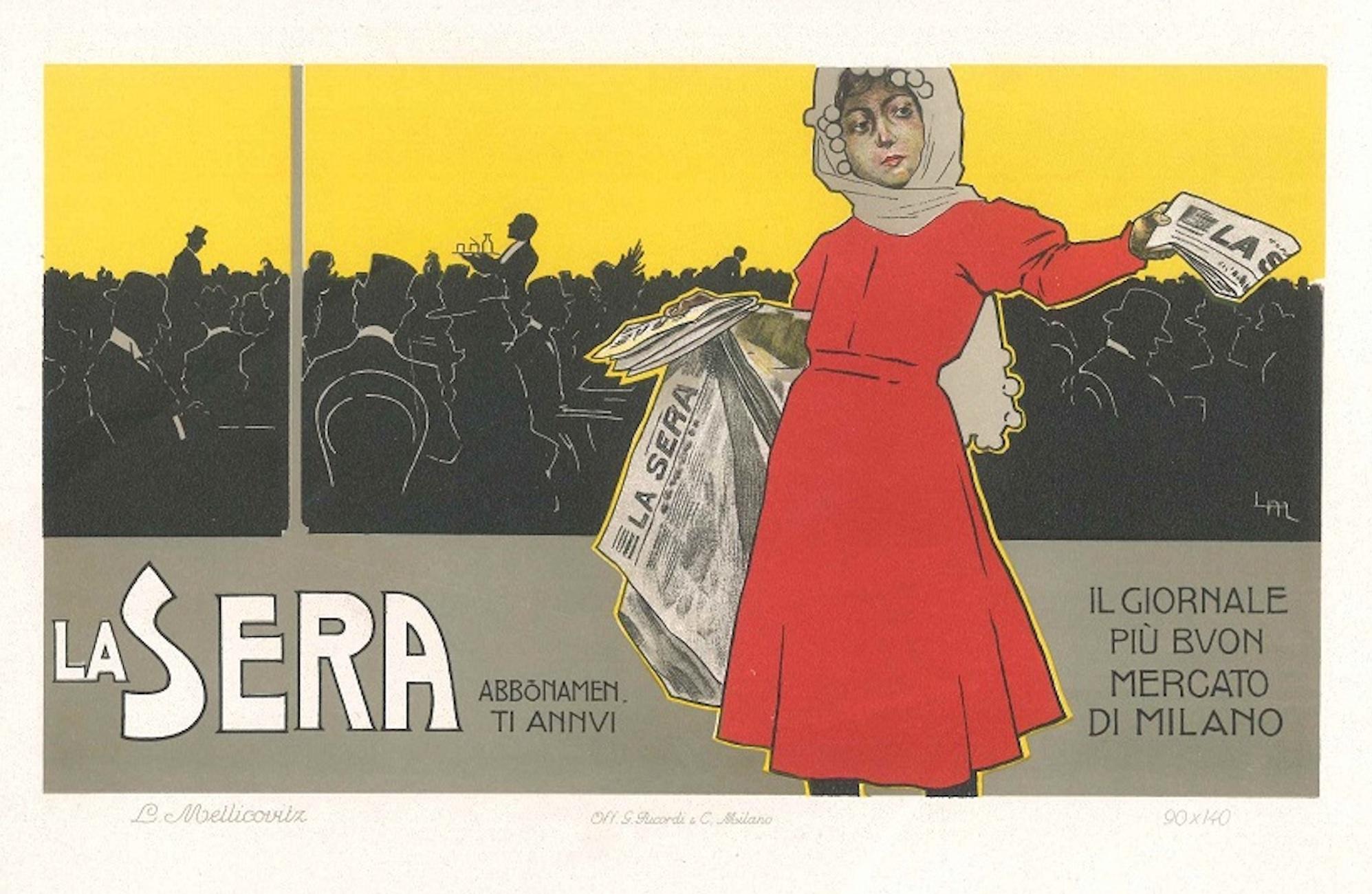 Figurative Print di Leopoldo Metlicovitz - La Sera - Litografia pubblicitaria originale d'epoca di L. Metlicovitz - 1900 ca.