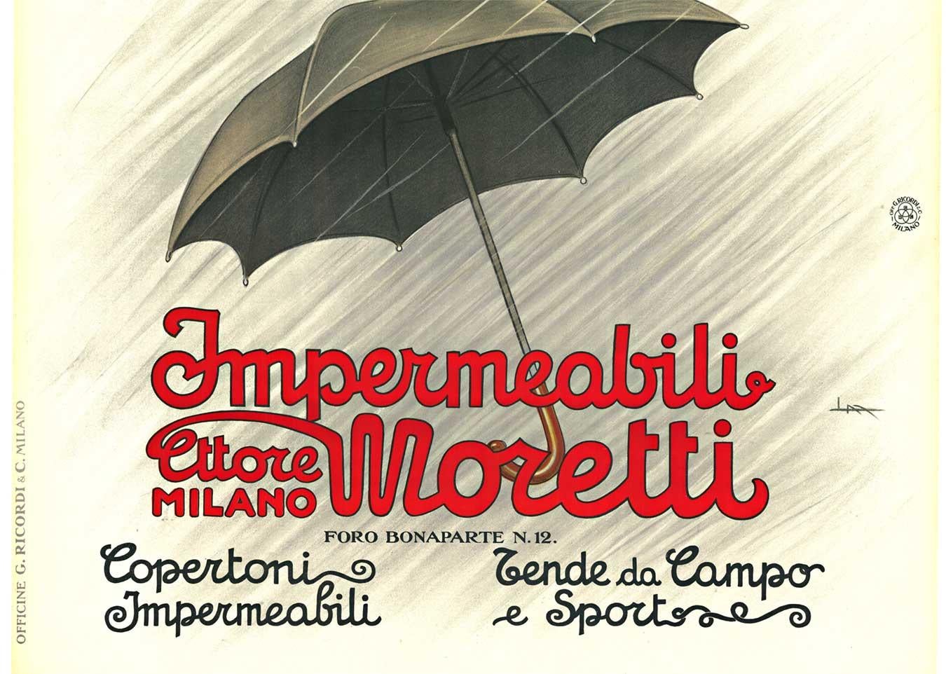 Original Italian poster:  Impermeabili Moretti by Leopoldo Meticovitz.
Archival linen-backed original Italian vintage poster IMPERMEABILI MORETTI.    This pre-art deco poster is in very fine condition and ready to frame.  Printed by Officine G.