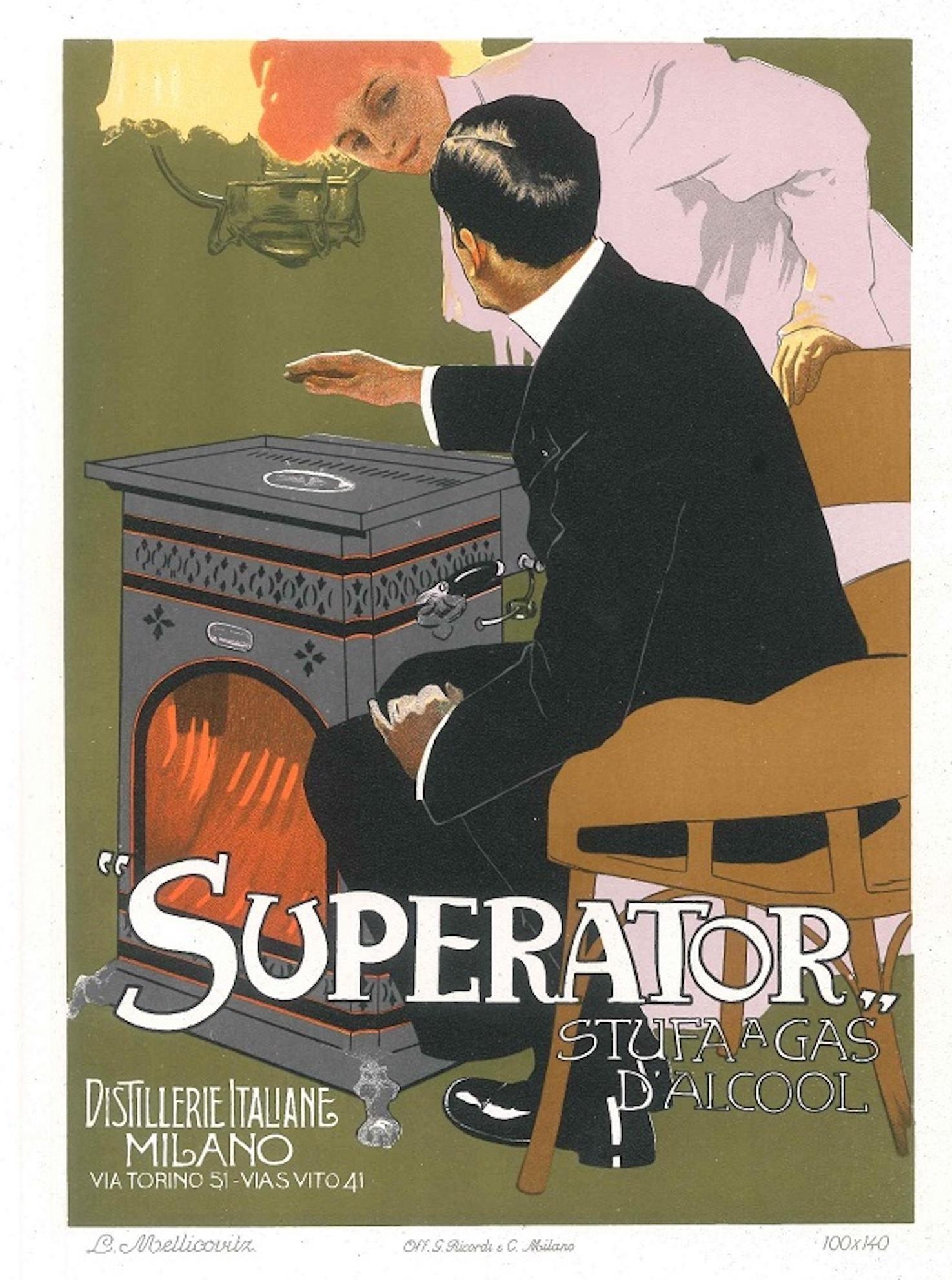 Leopoldo Metlicovitz Figurative Print – Superato  Vintage Adv-Lithographie von L. Metlicovitz  1914