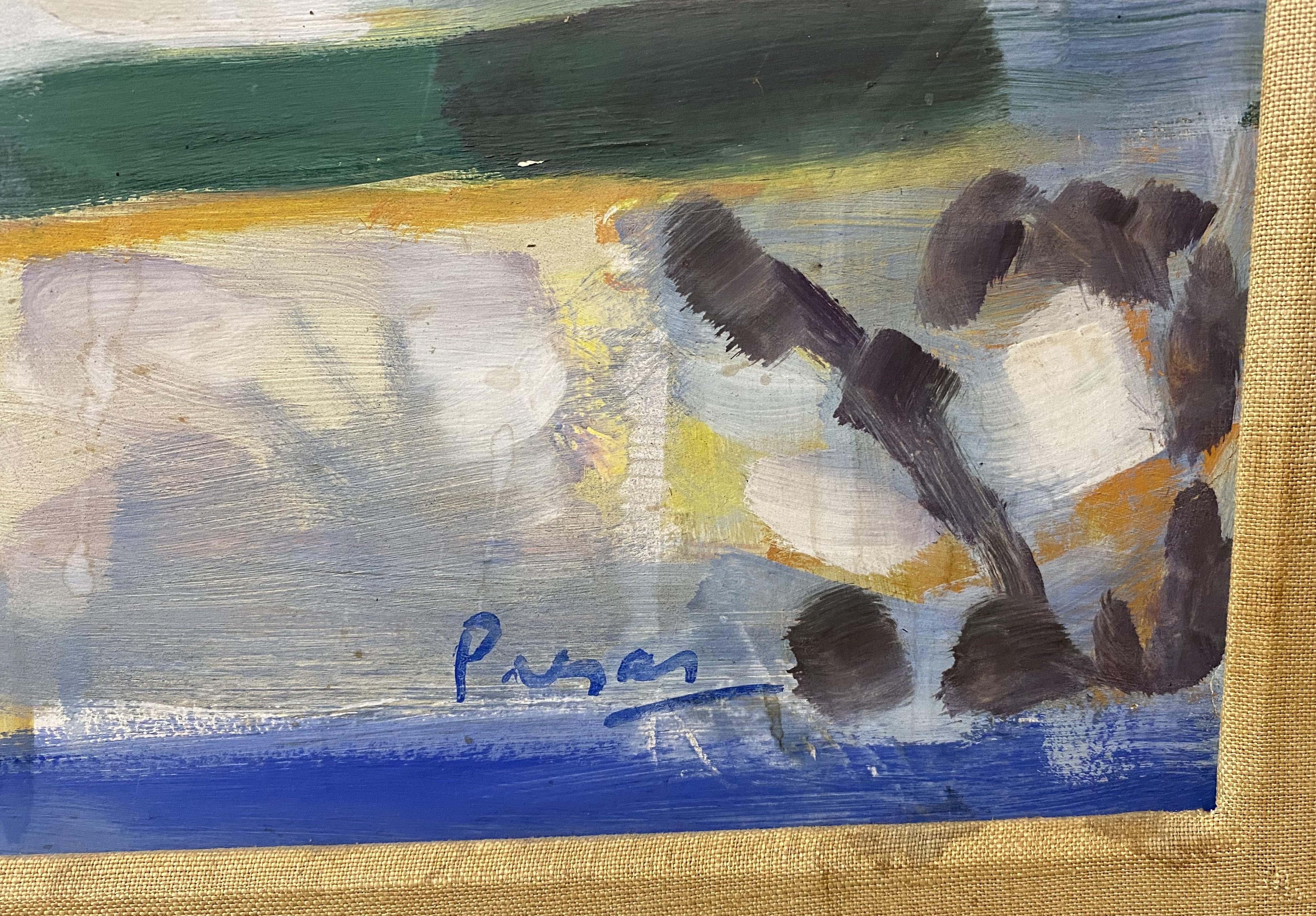 Fina pintura expresionista abstracta al gouache de mediados de siglo sobre flores a través de una ventana acristalada, del artista argentino Leopoldo Presas (1915-2009). Presas nació en Buenos Aires, Argentina. Tuvo formación académica y se inició