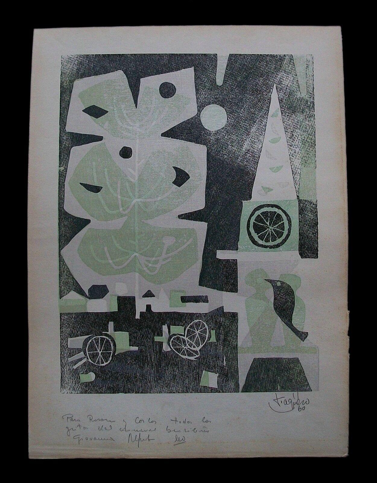 Leopoldo Torres Agüero (b.1924 Argentina - d.1995 France) - 'Untitled' - Rare and early Mid-Century Modern three color monotype on buff paper - signed and dated lower right - signed and dedicated (in Spanish) lower left - unframed - France/Argentina
