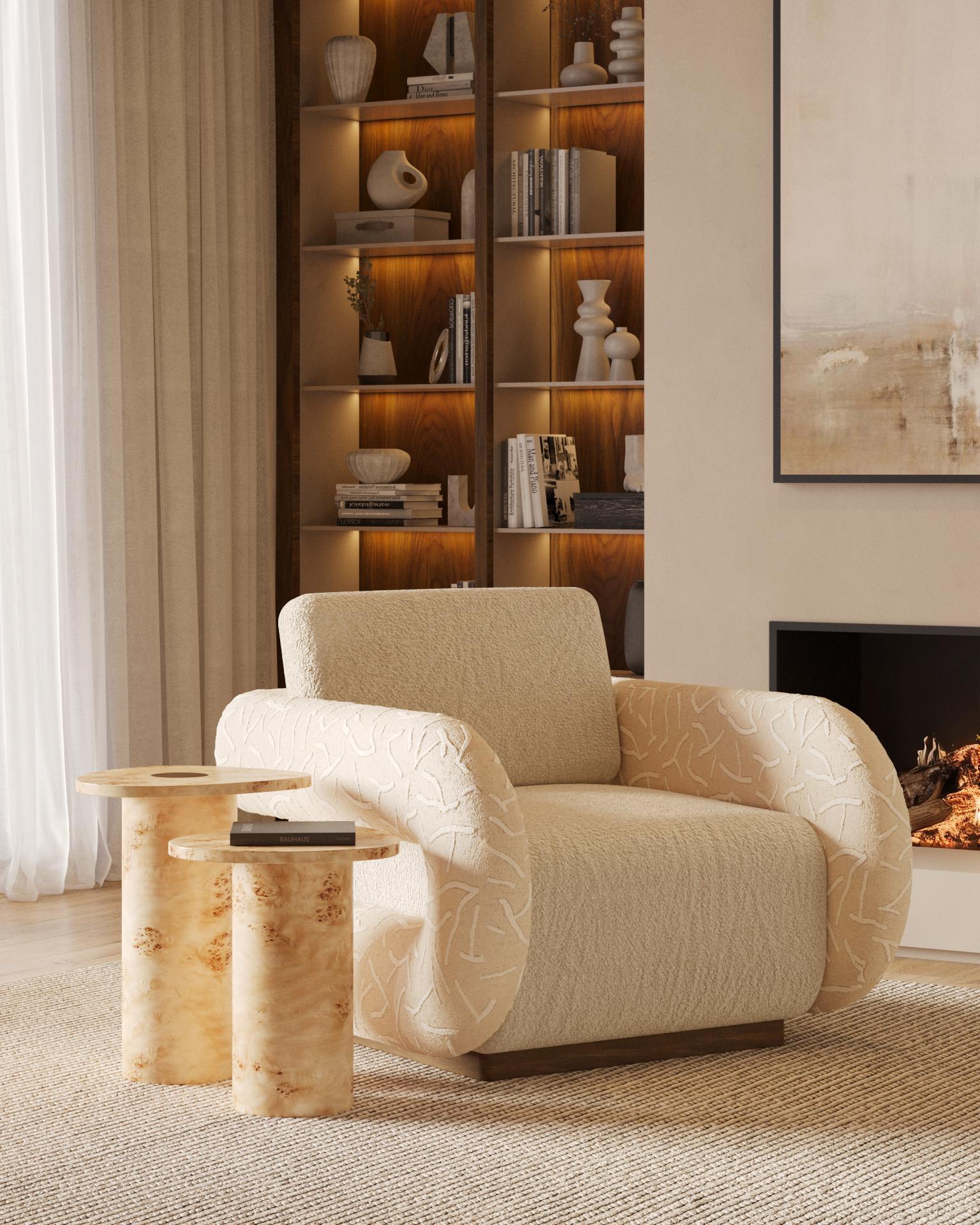 Léora Side Table is a sculptural poplar root side table, conceived as a cylindrical architectural volume that anchors interiors with quiet authority. Its organic form balances presence and proportion. The piece is crafted as a cylindrical side table