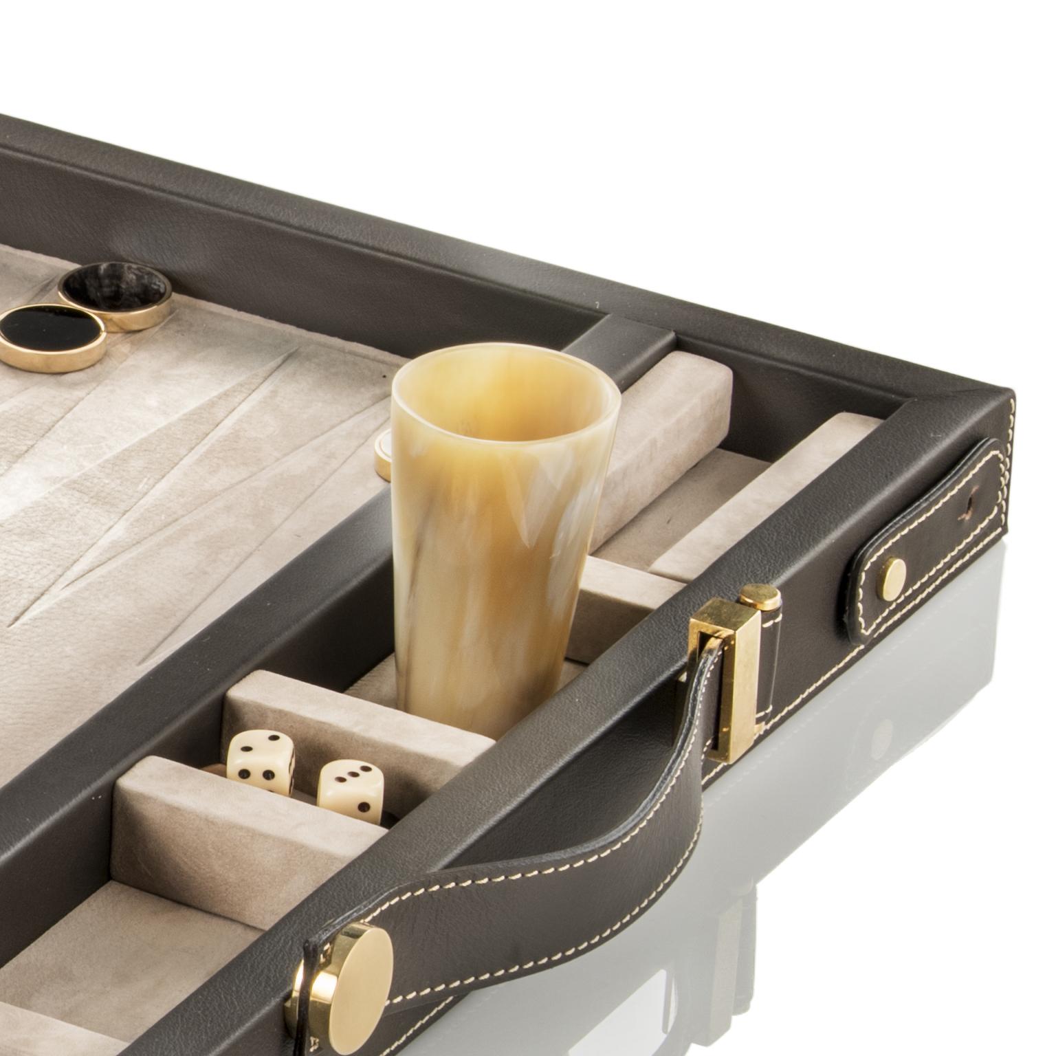 Plated Lepanto Backgammon in Brown Leather, Nabuck and Corno Italiano, Mod. 5122 For Sale