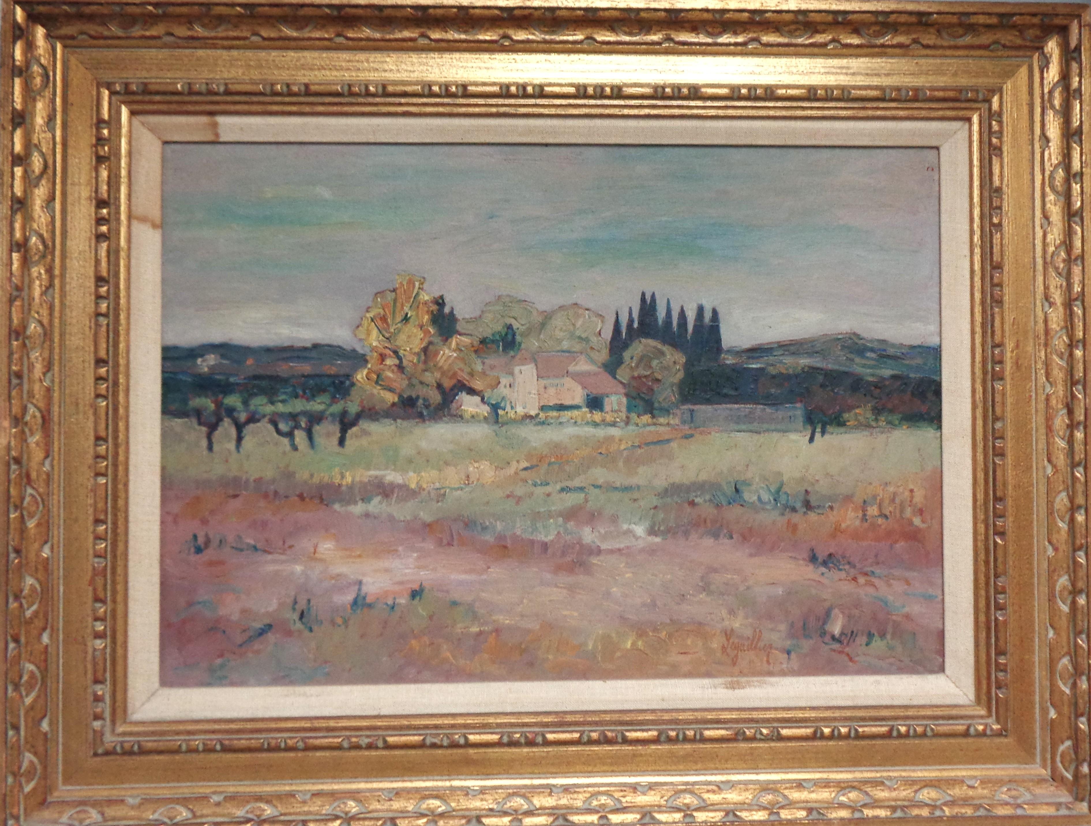 Huile sur toile signée Lequillier 15" x 21.5", cadre - 21.5" x 28". On dirait un paysage européen de style post-impressionniste avec des empâtements dans toute la partie terrestre. Can semble avoir besoin d'un léger nettoyage et la doublure en lin a