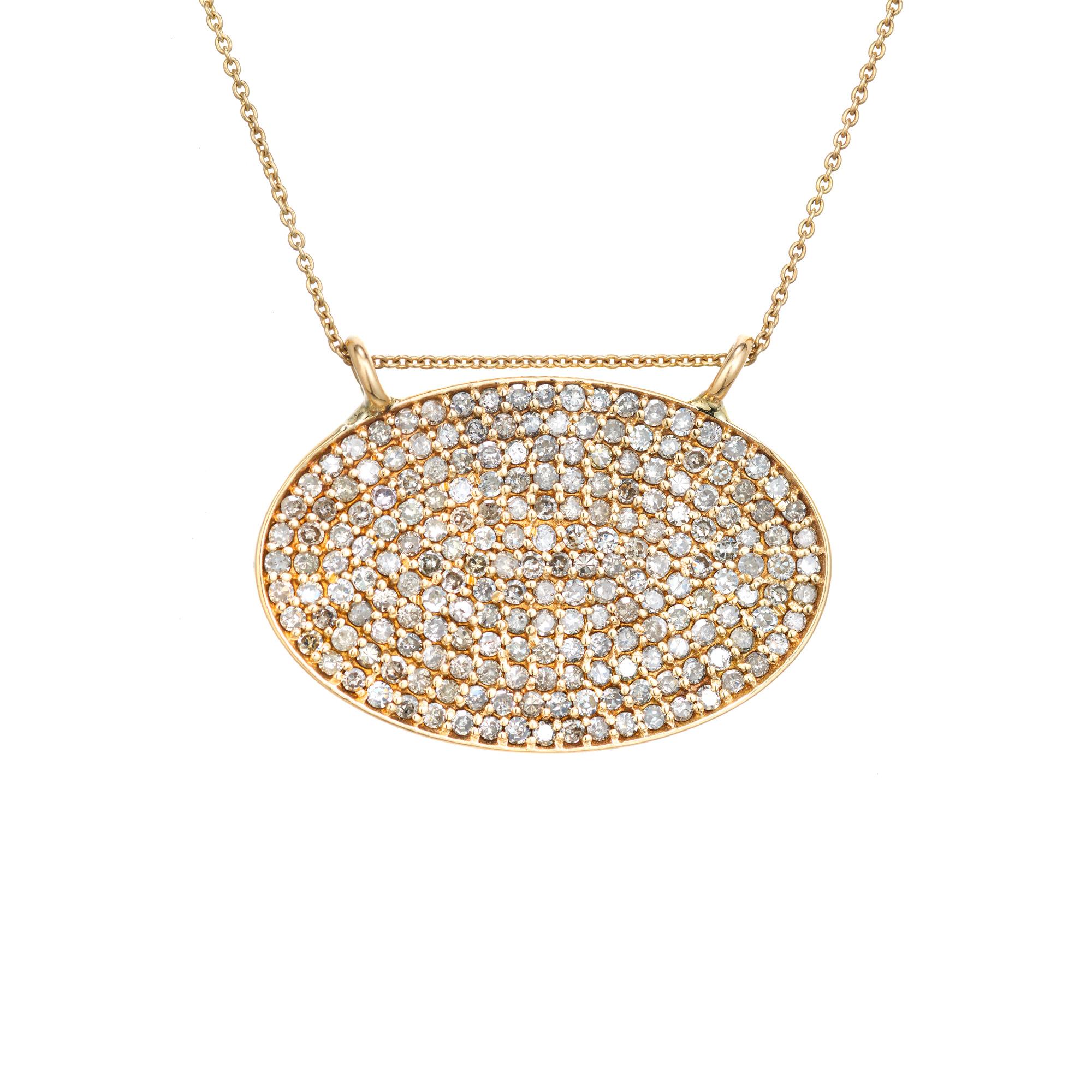 Lera Jewels oval diamond pendant necklace. 204 round cut diamonds in a oval cluster pattern, set in 14k yellow gold with a 16.25 inch chain. 

204 round diamonds, H-I SI approx. 1.00cts
14k yellow gold 
Stamped: 585
Hallmark: Lera Jewels
4.8