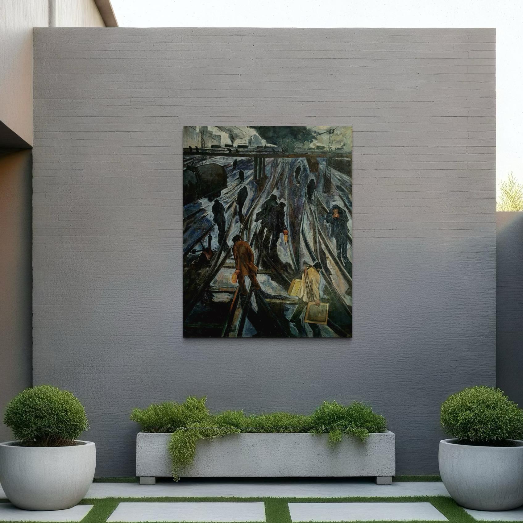 Mañana Arte figurativo, Realismo social Pintura al óleo original, Lista para colgar - Figurative Painting Negro de Lernik Davtyan