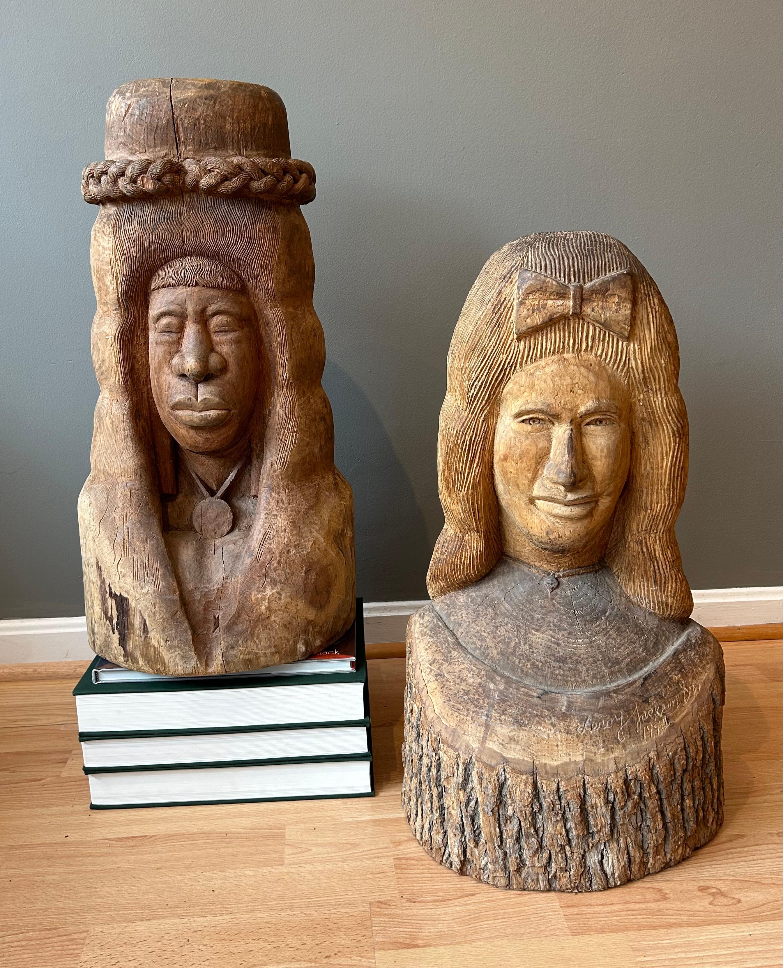 Leroy Jackson Figurative Sculpture - Wood Carving of Seminole Indian Chief and Wife