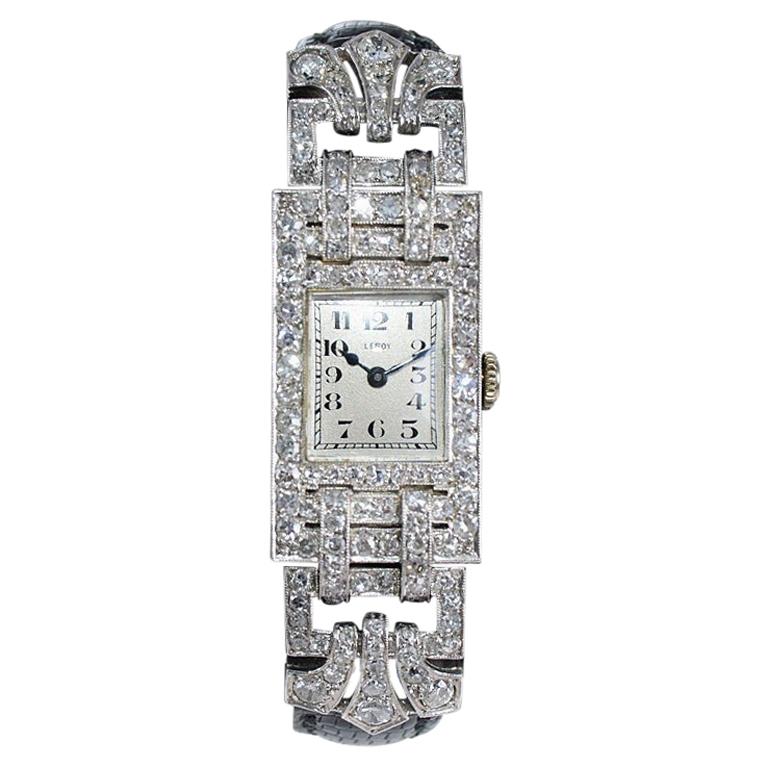 Montre habillée Art Déco Leroy en platine avec diamants articulés pour femmes