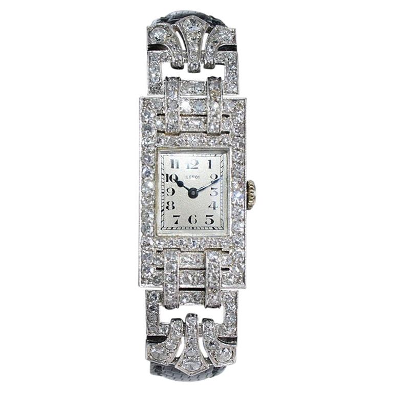 Orologio da donna Leroy in platino Art Deco con diamanti - Main Image