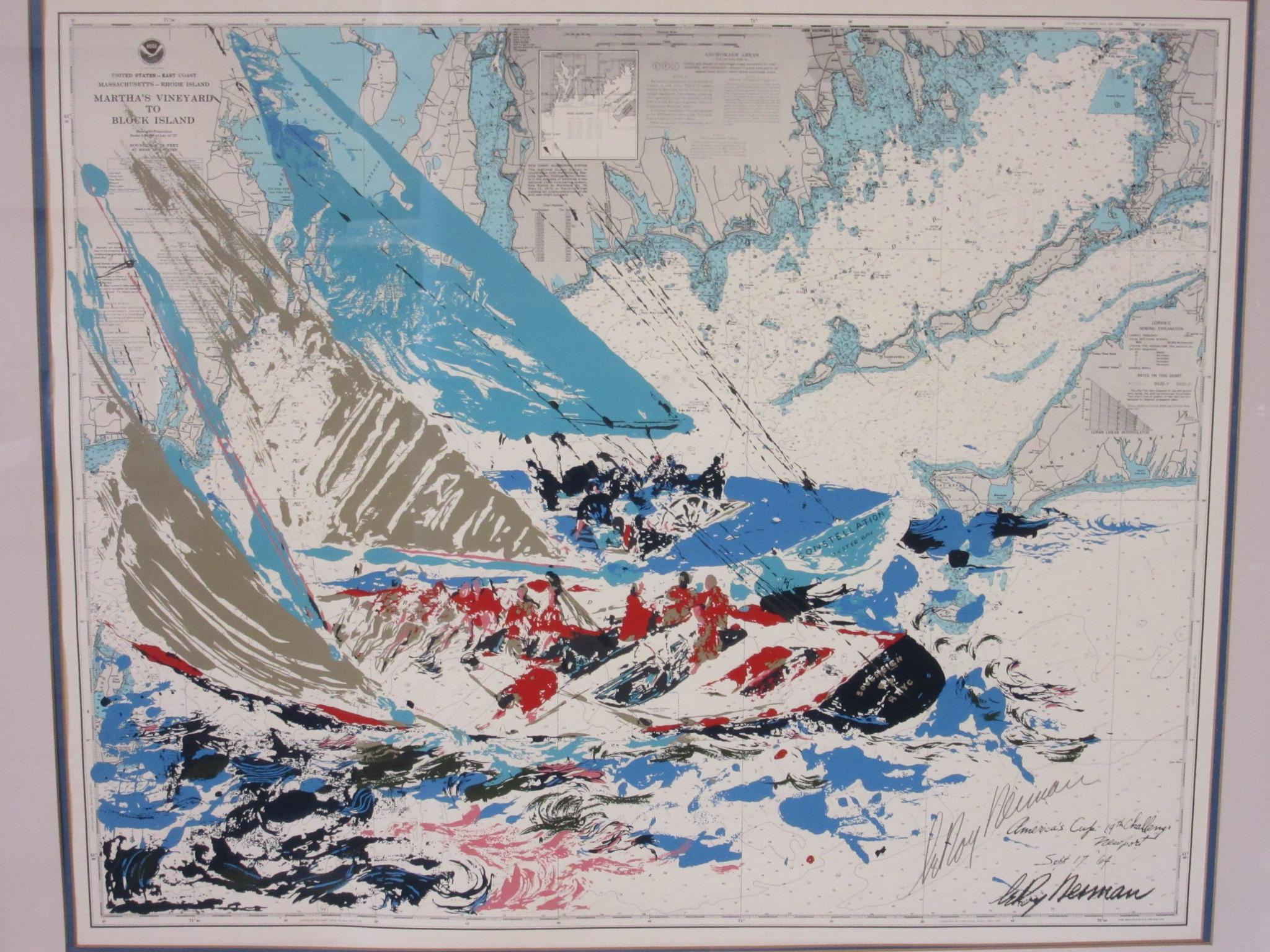 A great piece of art and yachting history by listed artist Leroy Neiman of the 1964 America's Cup race in a bright colored silkscreen print on an original NOAA oceanic map titled Martha's vineyard to Block Island. The lower right corner it has