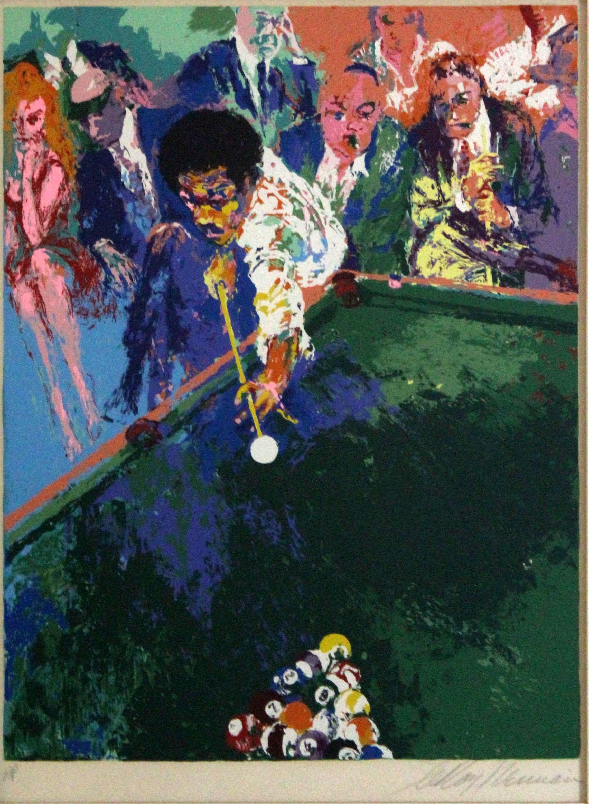 A lively contemporary serigraph on paper titled Black Break by American artist Le Roy Neiman. Hand signed by the artist on the bottom right with an AP annotation on the bottom left. Neiman depicts a player about to break the rack a with crowd of