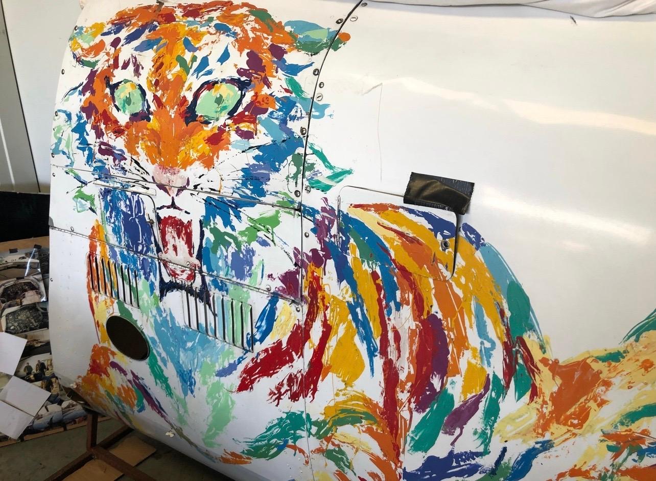 This is a one of a kind piece of art history! 

Original hand painted NBC news weather helicopter fuselage of a flying tiger by Leroy Neiman, circa 1981. Here is the incredible story as told by Neiman himself in his autobiographical book, 
