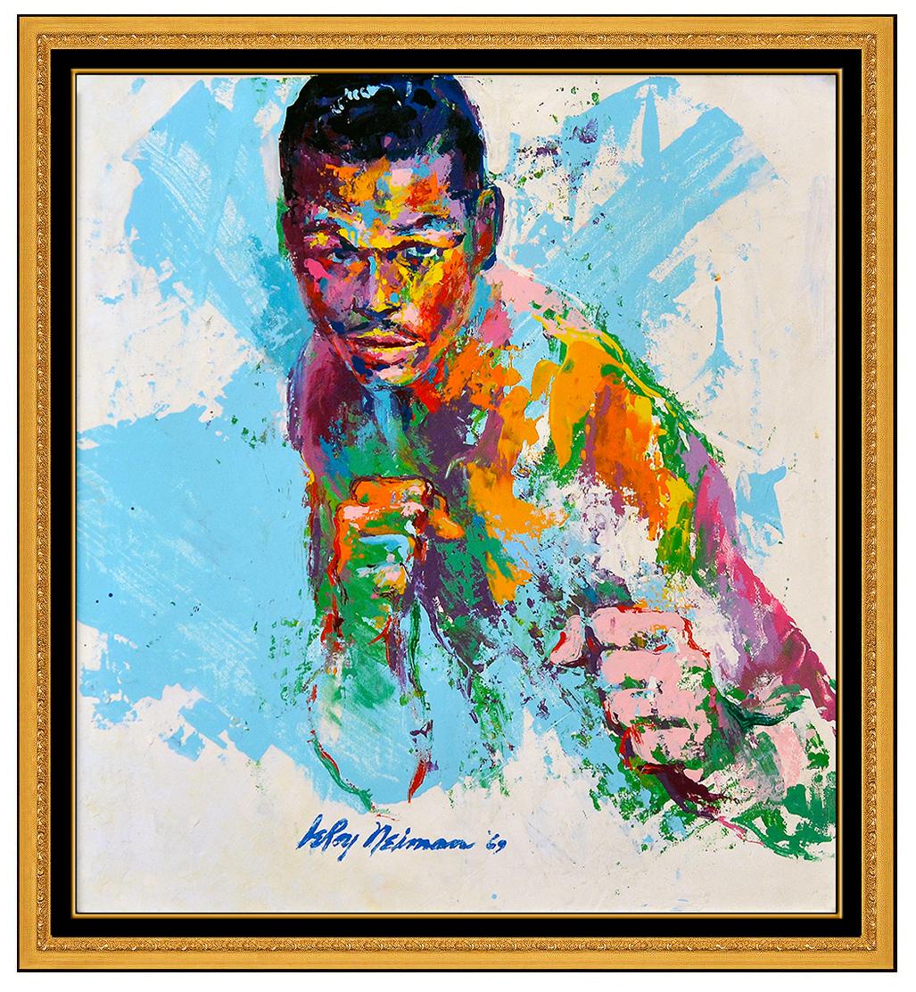 Leroy Neiman Portrait Painting - LeRoy Neiman Oil Painting on Board Signed Boxing Sugar Ray Robinson Sports Art