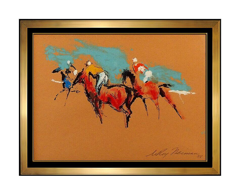 Leroy Neiman Figurative Painting - LeRoy Neiman Original Horse Racing Oil Painting Signed Sports Framed Artwork SBO