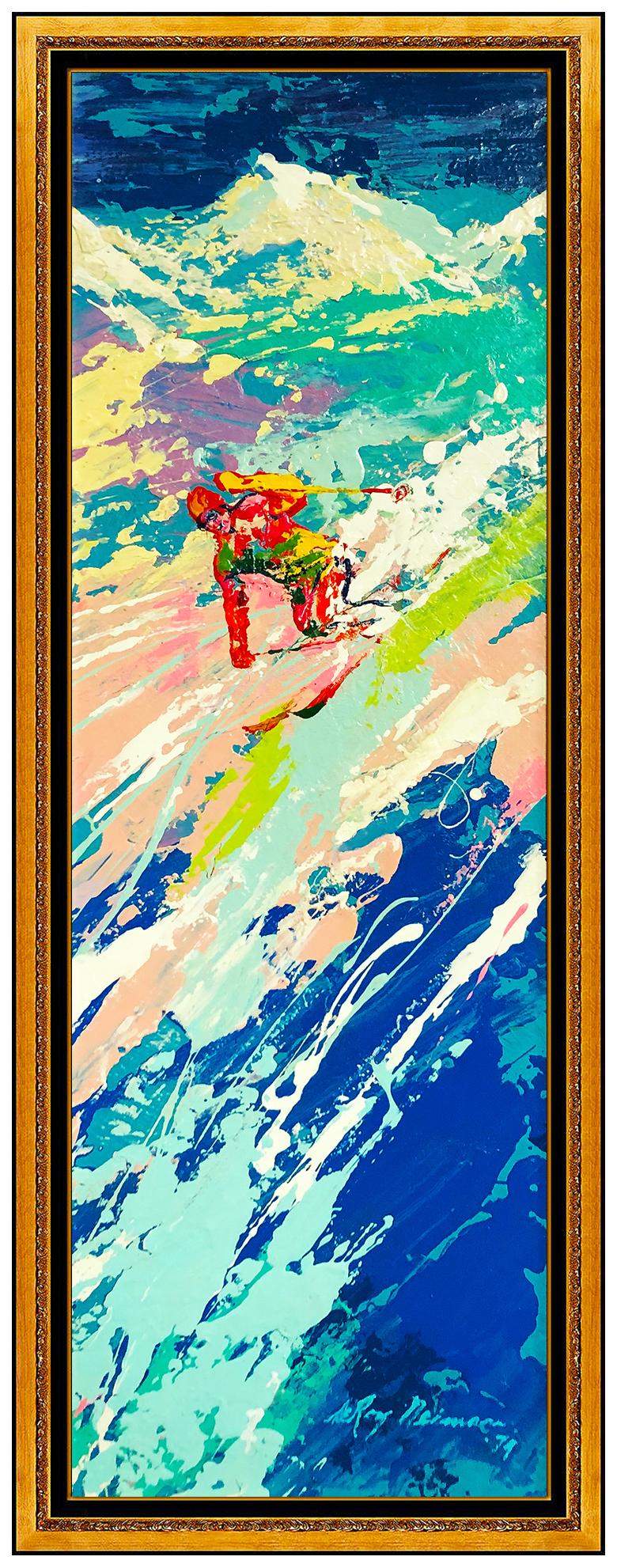 Leroy Neiman Figurative Painting - LeRoy Neiman Original Painting Oil on Board Signed Downhill Skier Authentic Art