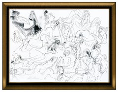 Retro LeRoy Neiman Original Watercolor Painting Large Playboy Nude Women Signed Art