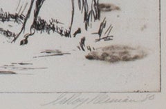 20th century etching animal print black and white cows farm scene sketch signed