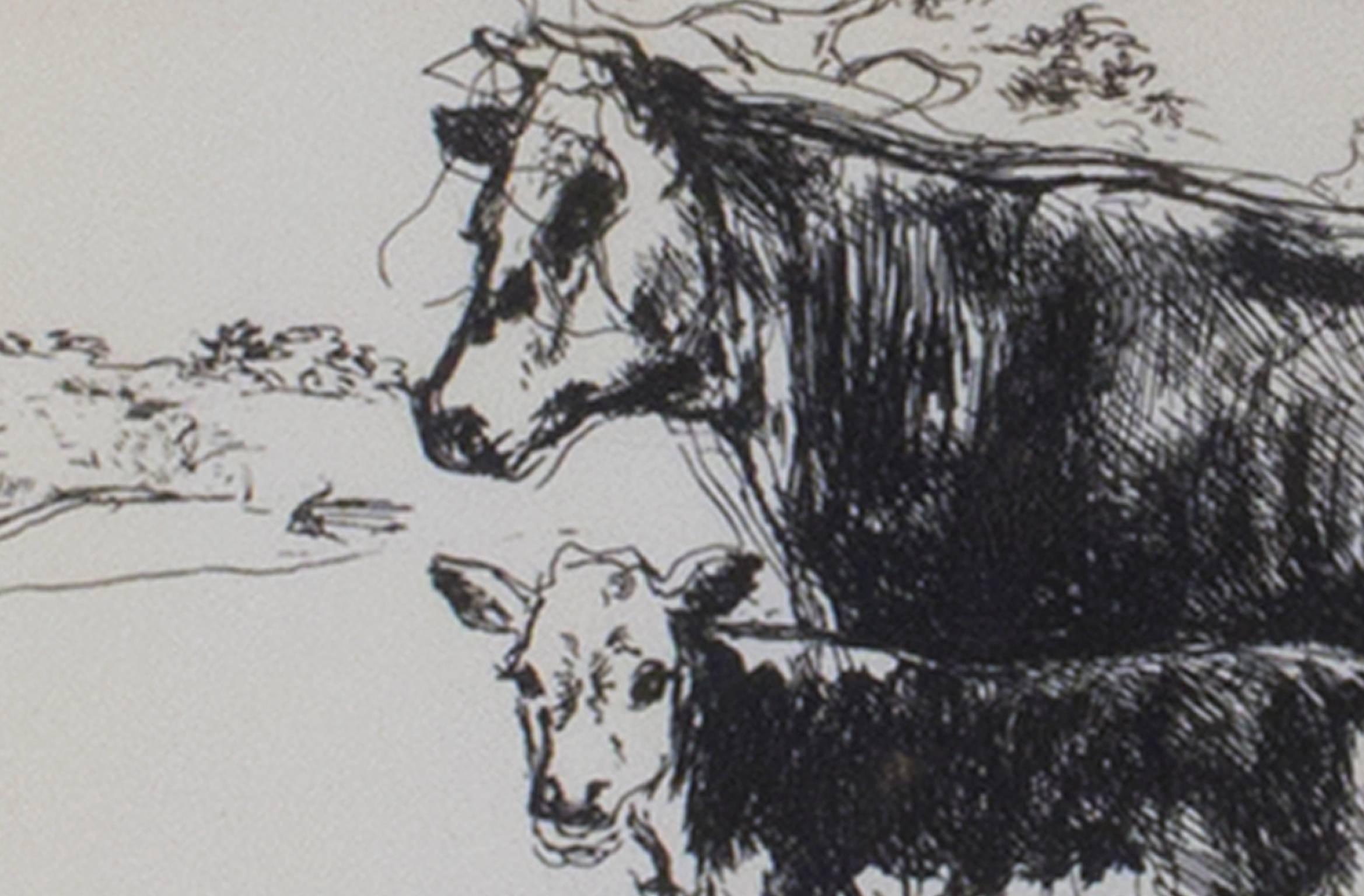 siglo xx grabado animal blanco y negro vacas escena de granja boceto firmado en venta 1