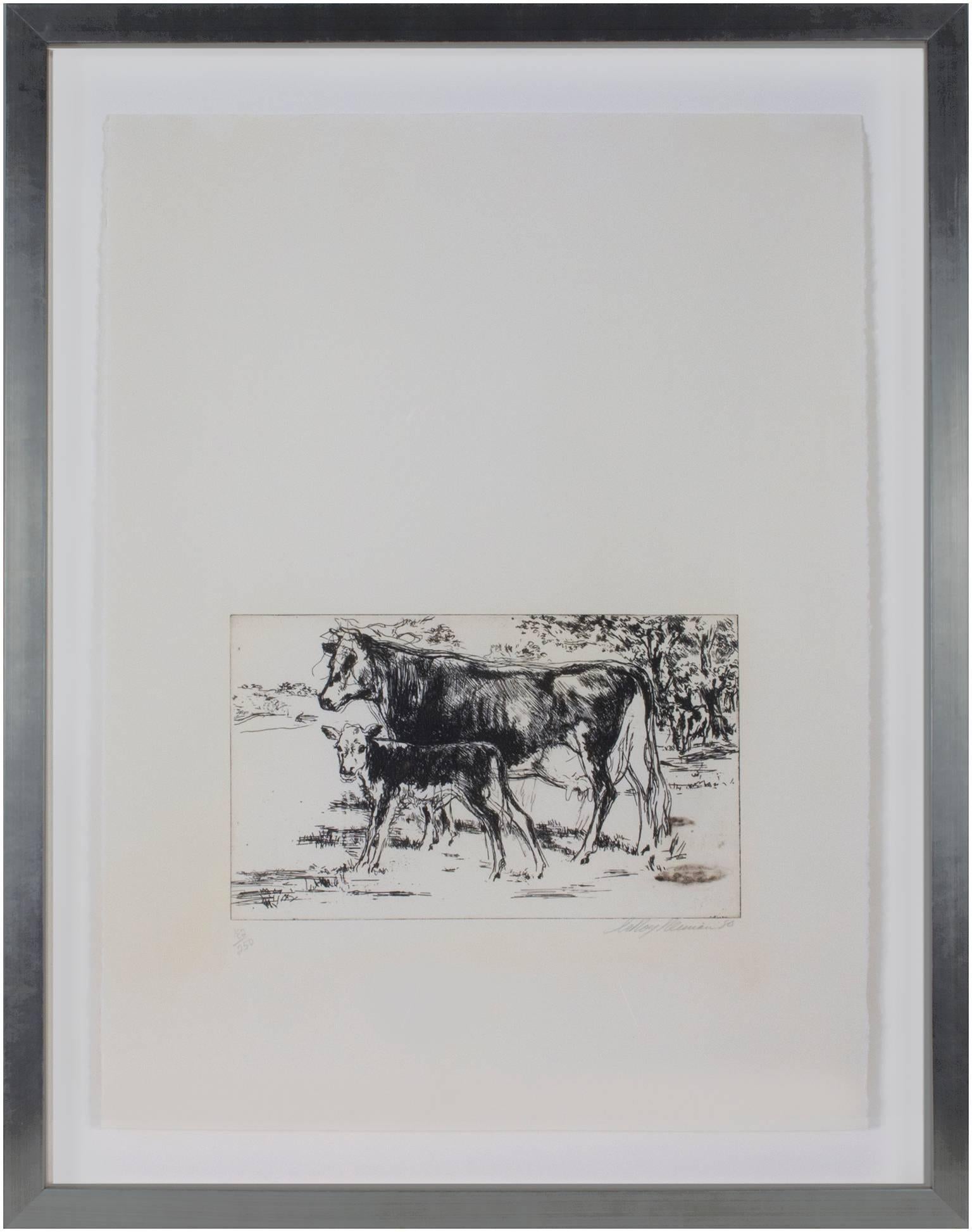 siglo xx grabado animal blanco y negro vacas escena de granja boceto firmado en venta 2