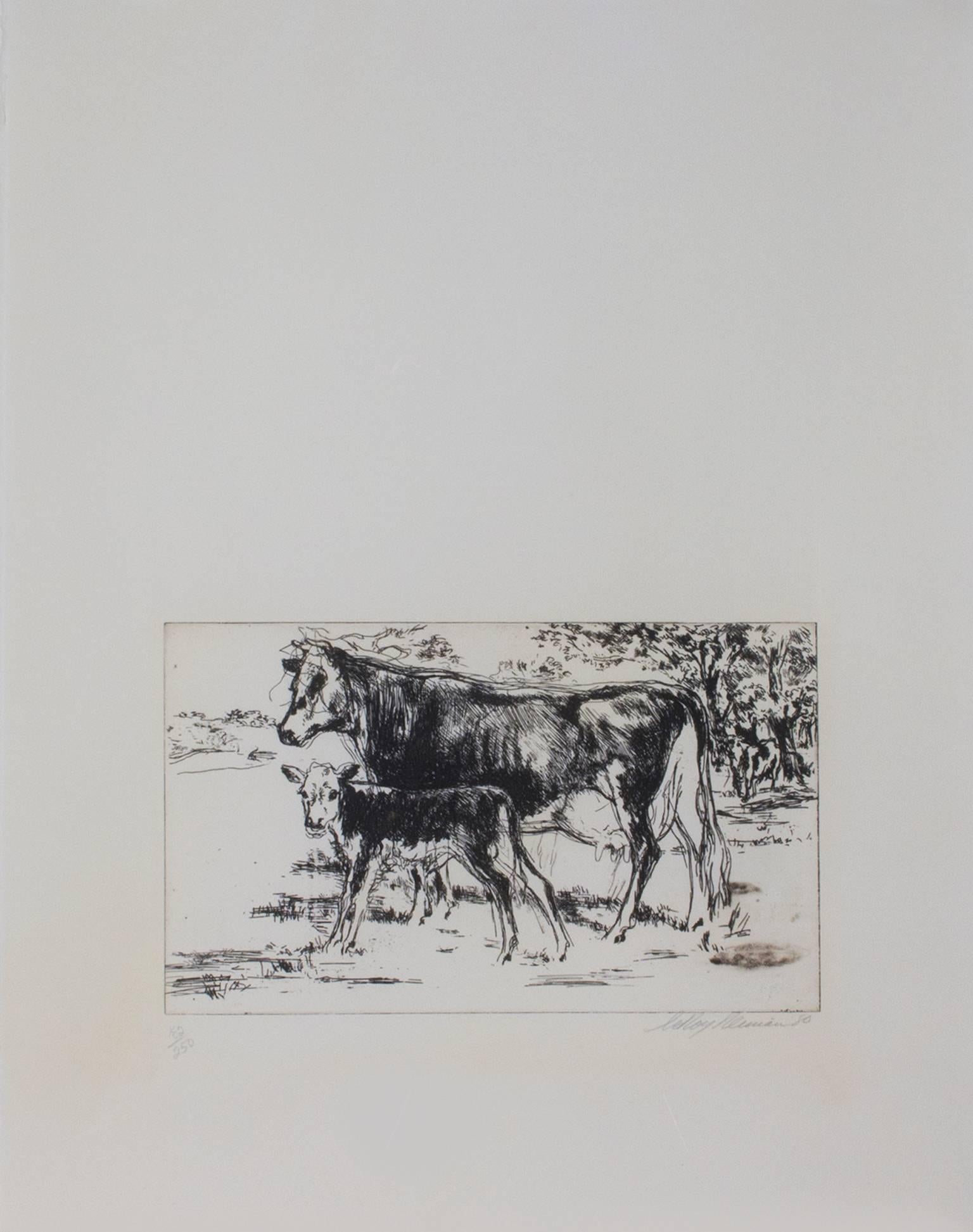 Leroy Neiman Animal Print - "Bovine Family, " Original Etching Farm Scene signed by LeRoy Neiman