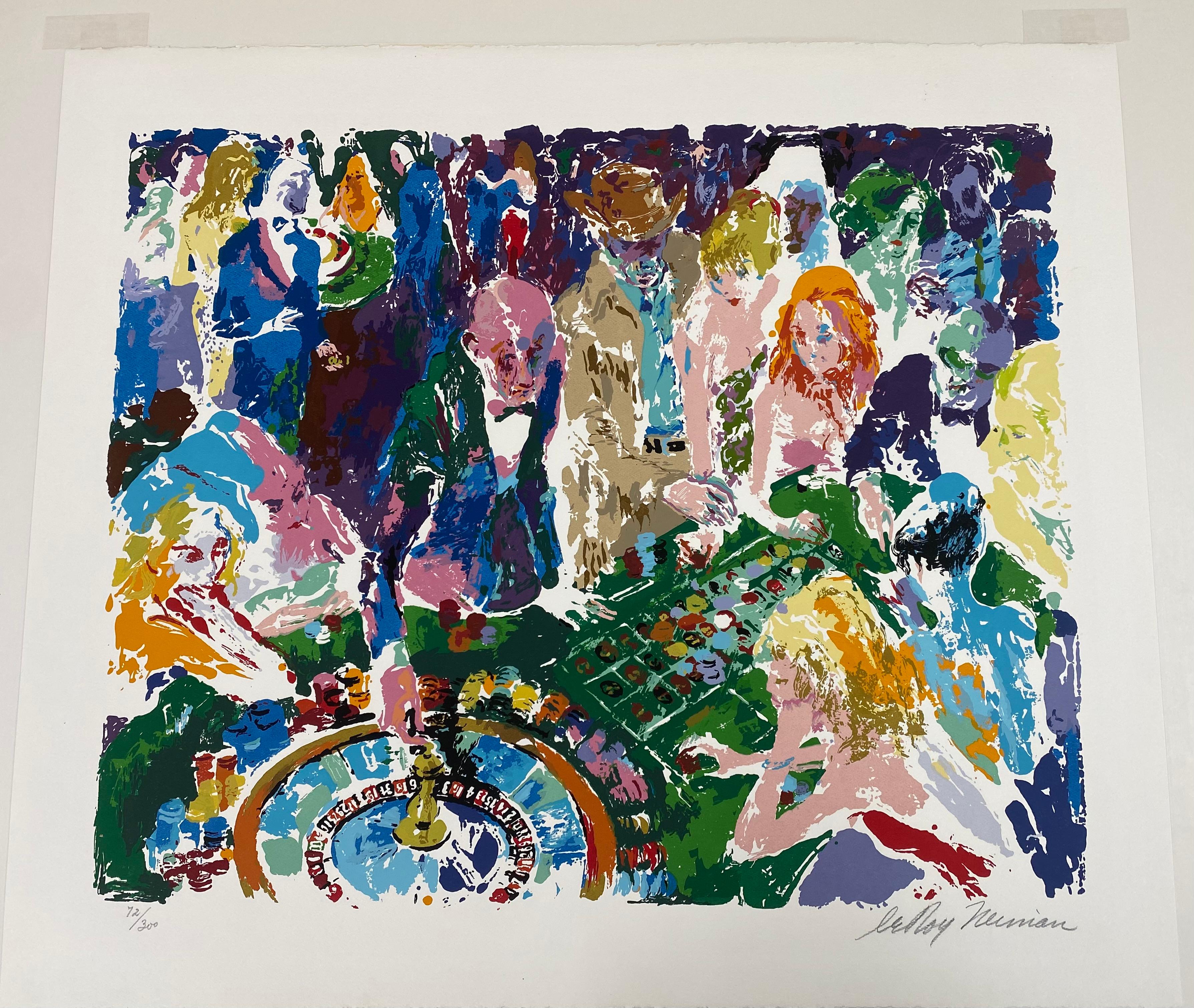 Casino des Künstlers LeRoy Neiman ist in einem weiß lackierten Holzrahmen unter schwerem 8-lagigem säurefreiem Passepartout und UV-Plexiglas gerahmt. Alle für die Einrahmung verwendeten konservatorischen Materialien. Bitte beachten Sie, dass der