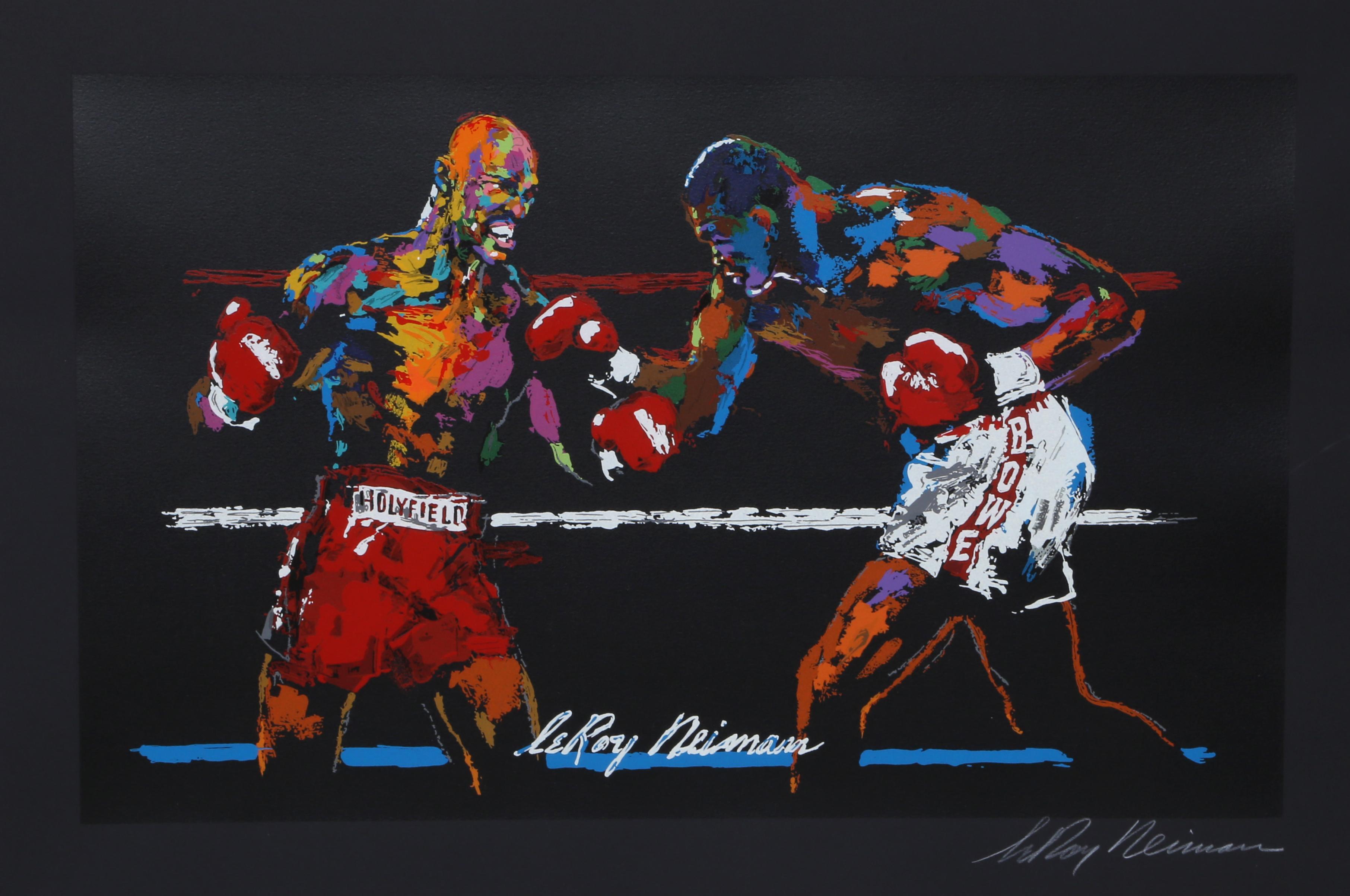 Artist: LeRoy Neiman (American, 1921-2012)
Title: Holyfield-Tyson 2
Year: circa 1997
Medium: Silkscreen, signed in pencil
Image Size: 12 x 22 inches (each)
Frame:  26 x 62 inches