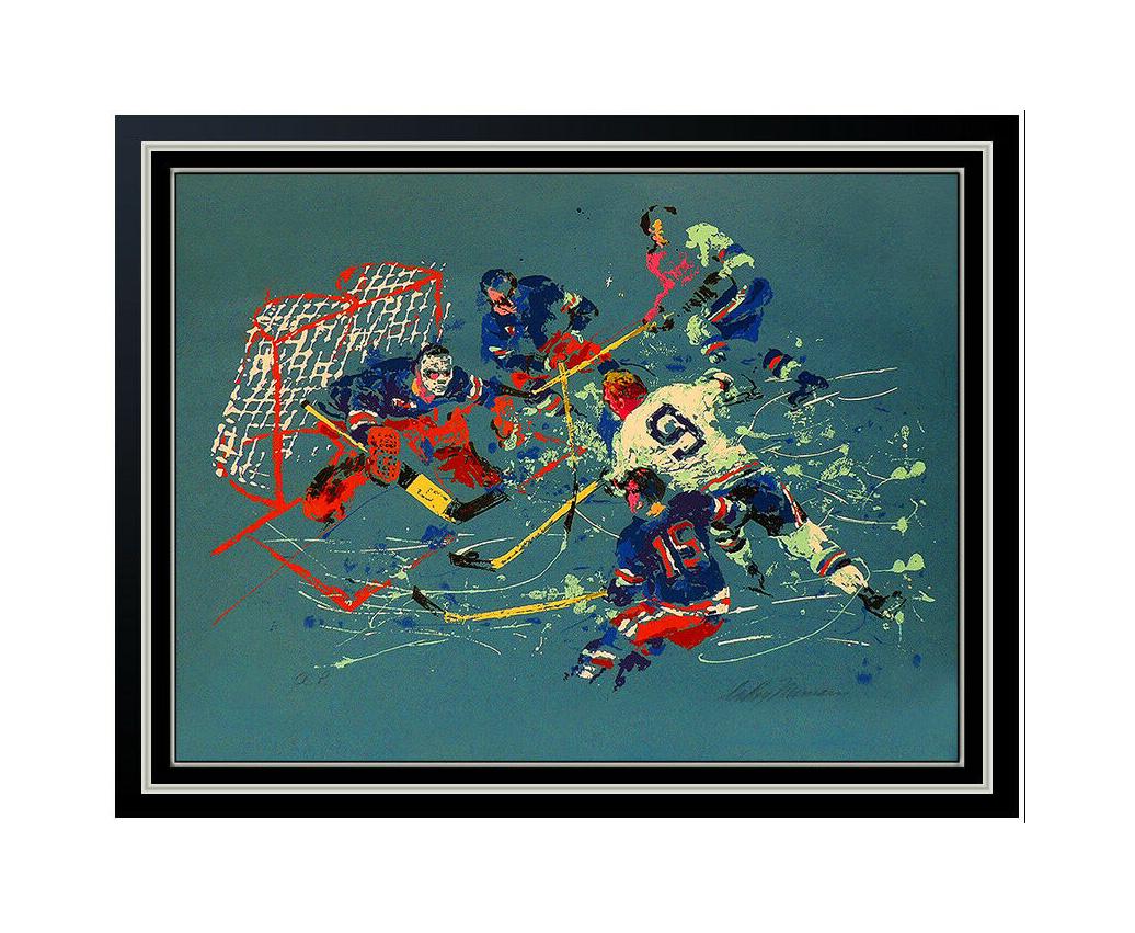 Leroy Neiman Print - LeRoy Neiman Blue Hockey Signed Color Serigraph Blackhawks Bobby Hull Sports Art