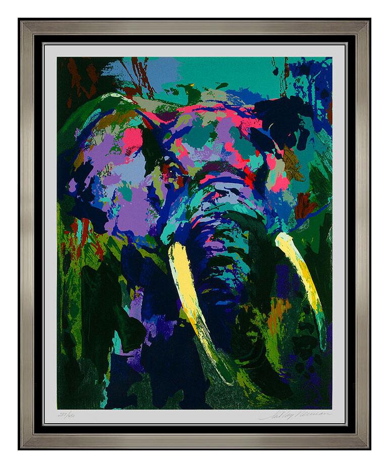 Leroy Neiman Print - LeRoy Neiman Elephant Portrait Color Serigraph Signed Animal Artwork Stampede
