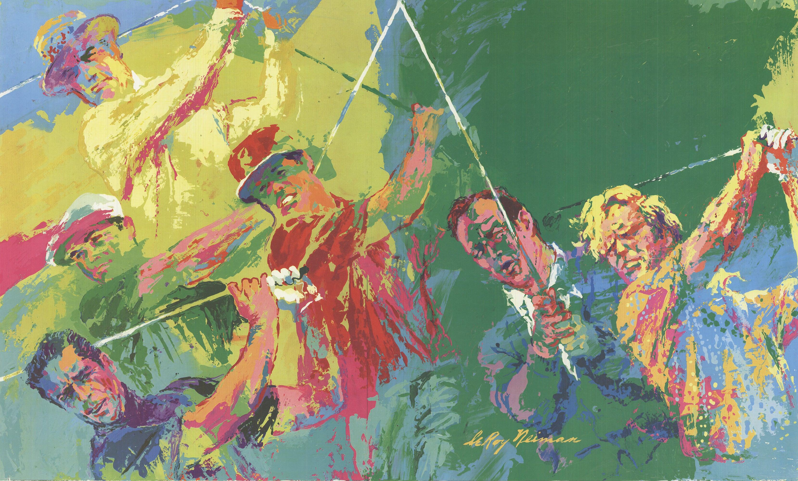 Golf Champions de LeRoy Neiman est un hommage vibrant et dynamique aux légendes du golf du début des années 1970. Ce poster emblématique présente des portraits saisissants des joueurs les plus célèbres de l'époque, dont Jack Nicklaus, Lee Trevino,