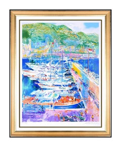 Vintage LeRoy Neiman Harbor At Monaco Large Color Serigraph Signed Landscape Boat Art