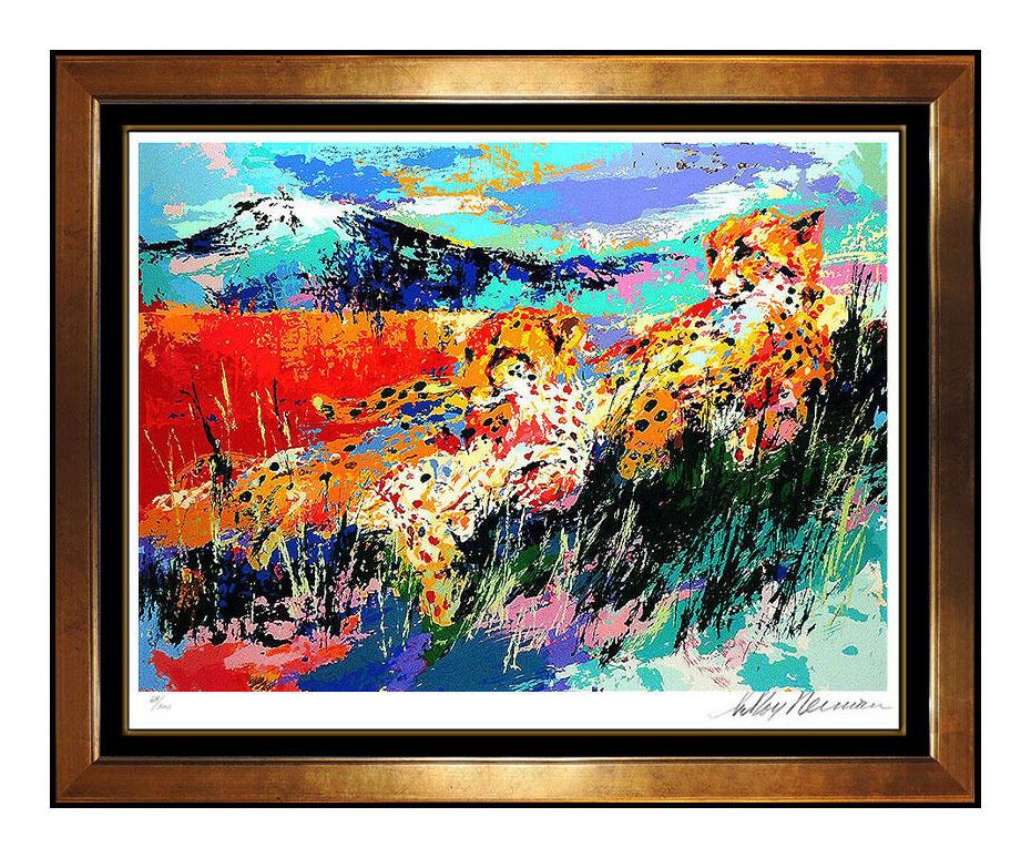 Leroy Neiman Landscape Print - LeRoy Neiman Large Color Serigraph Kilimanjaro Cheetahs Hand Signed Artwork SBO