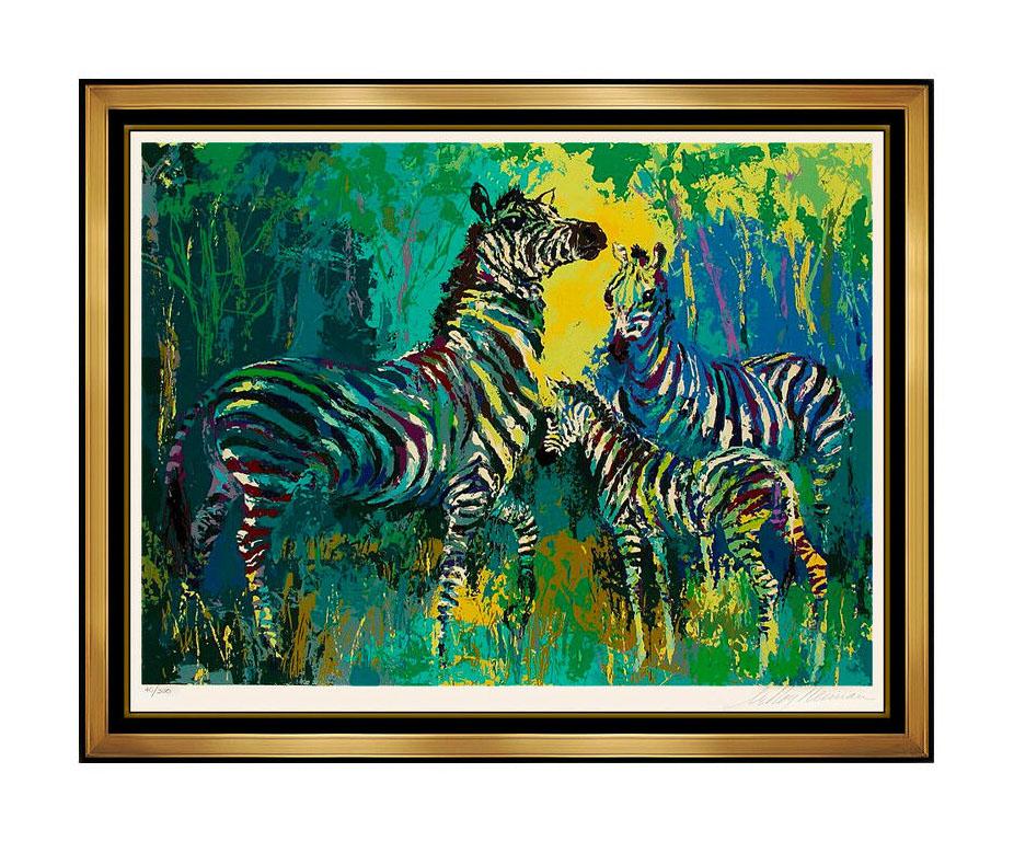 Leroy Neiman Animal Print - LeRoy Neiman Large Color Serigraph Zebra Family Hand Signed Animal Jungle Art
