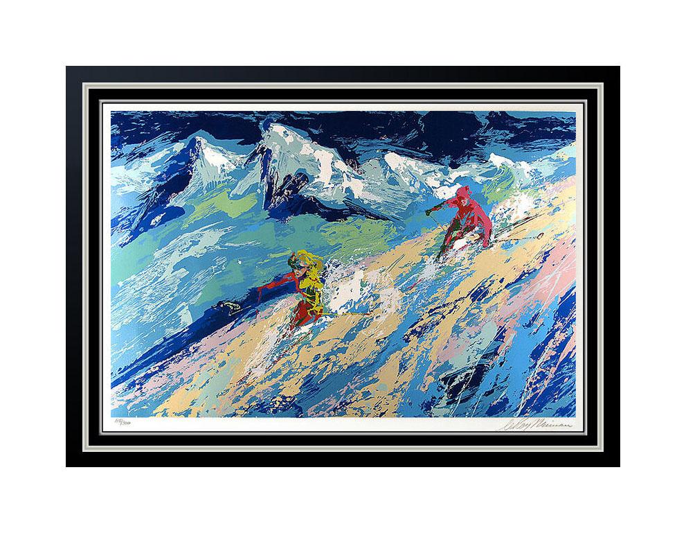 Leroy Neiman Landscape Print - LeRoy Neiman Original Color Serigraph Downhill Snow Skiing Signed Large Artwork
