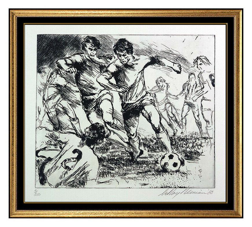 Leroy Neiman Portrait Print - LeRoy Neiman Rare Original Etching Hand Signed Soccer Sports Artwork Eaux Fortes