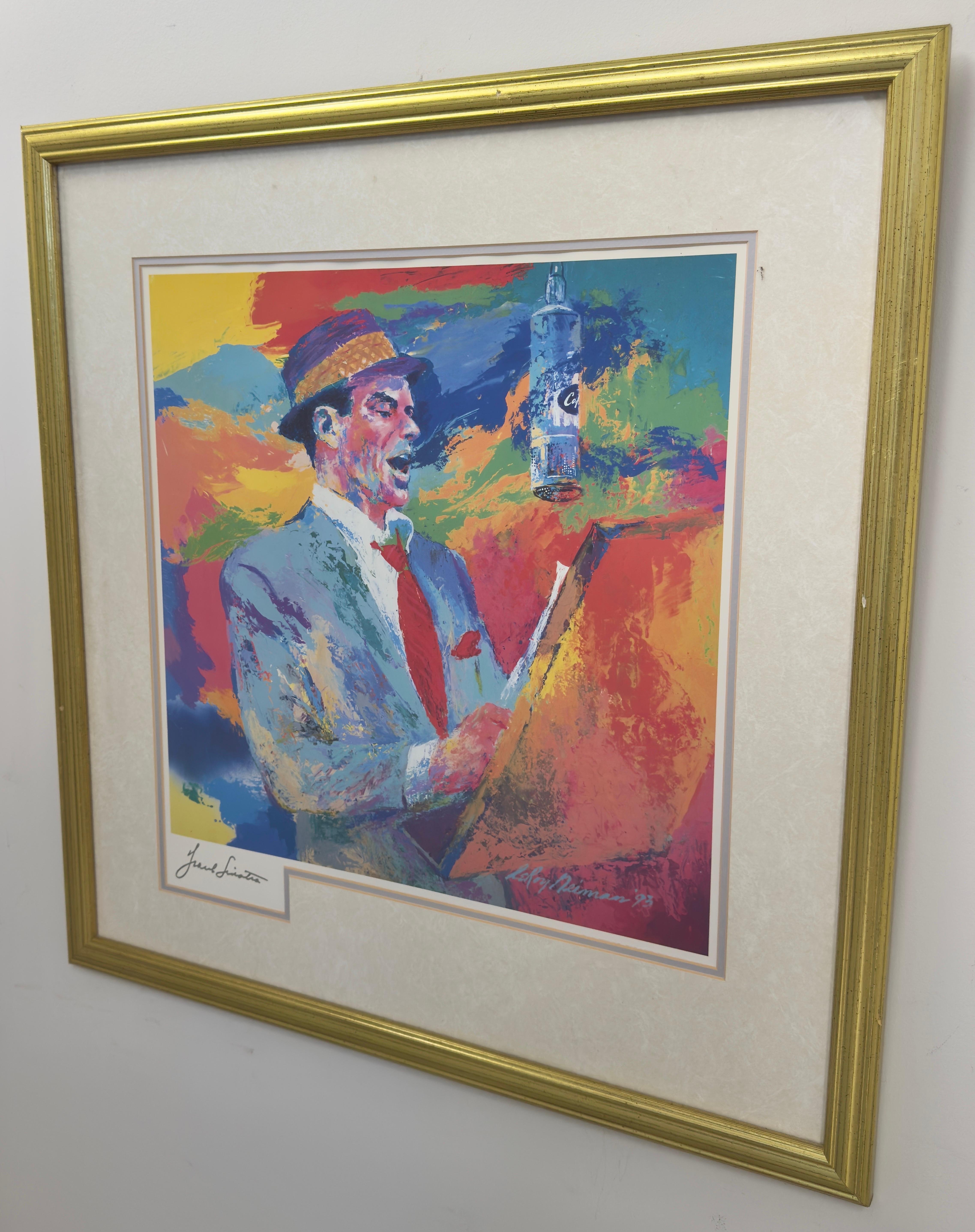 Leroy Neiman  (Americano, 1921-2012)  Litografia che raffigura l'iconico cantante Frank Sinatra in uno stile vibrante ed espressivo. Quest'opera d'arte è caratterizzata dall'uso caratteristico di Neiman di colori audaci e pennellate dinamiche, che