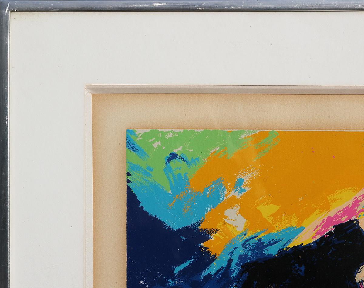 Farbenfrohe abstrakte expressionistische Lithografie des amerikanischen Künstlers LeRoy Neiman zur Feier der Olympischen Spiele 1976 in Montreal, Kanada. Das Werk zeigt die Flaggen vieler teilnehmender Nationen, umgeben von Darstellungen von
