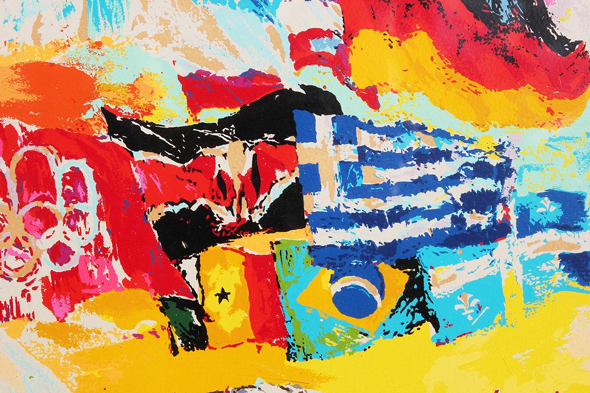 Colorful abstract expressionist lithograph celebrating the 1976 Olympics in Montreal Canada by American artist LeRoy Neiman. The work features the flags from many participating nations surrounded by depictions of athletes competing in various