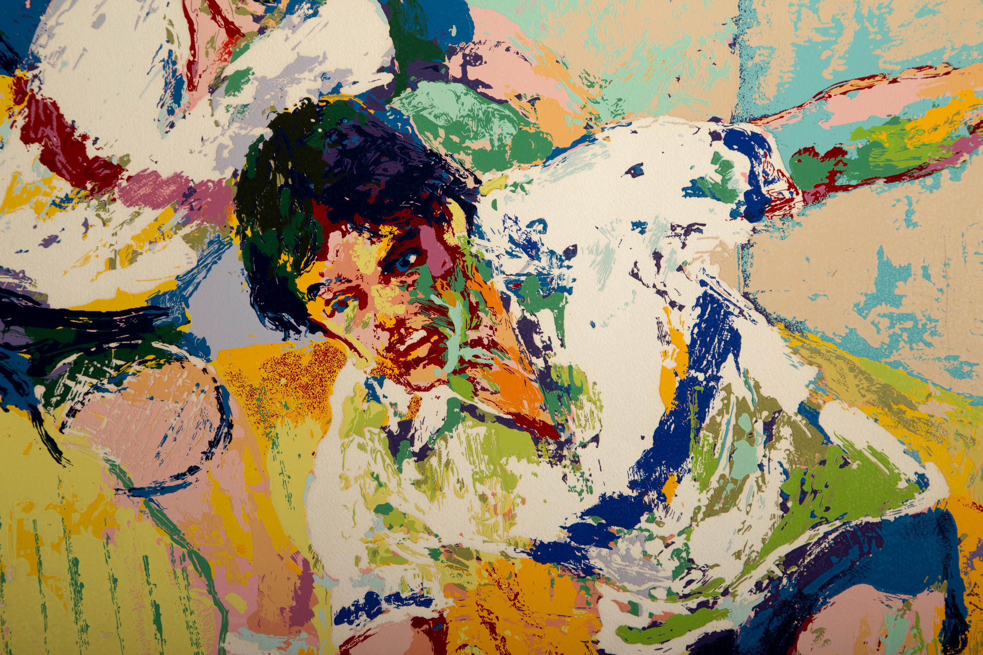 LeRoy Neiman, Americano (1921 - 2012) -  Racquetball. Medio: Serigrafia, firmata e numerata a matita, Edizione: 109/500, Dimensioni immagine: 37 x 29,5 pollici, Dimensioni: 43 x 35,5 pollici (109,22 x 90,17 cm) 