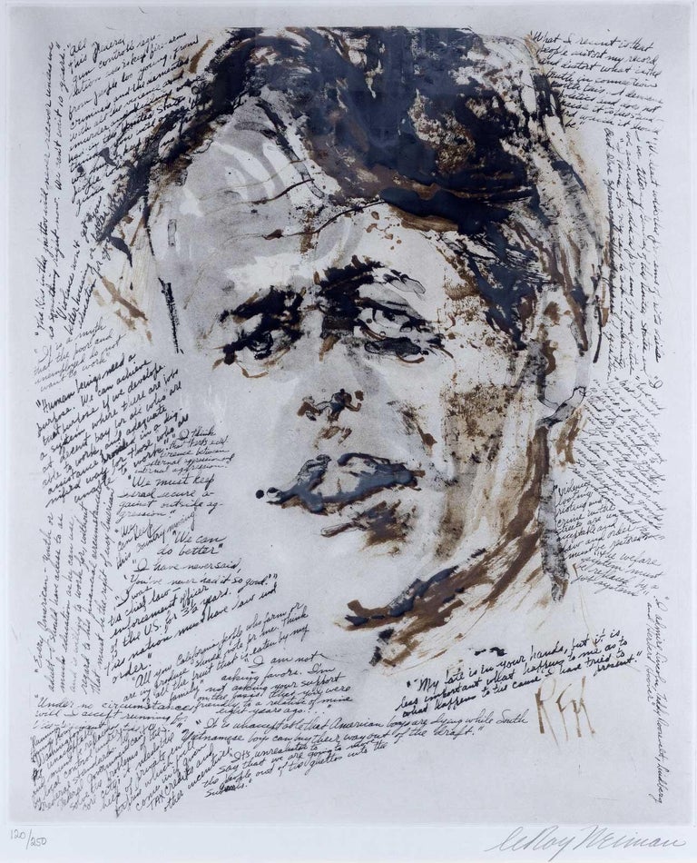 RFK / Portrait of Robert F. Kennedy surrounded by some of his own words - Print by Leroy Neiman