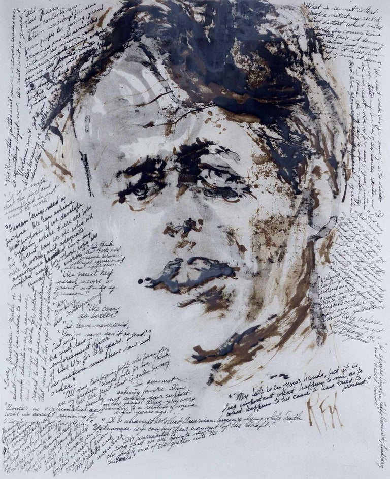 Leroy Neiman Portrait Print - RFK / Portrait of Robert F. Kennedy surrounded by some of his own words