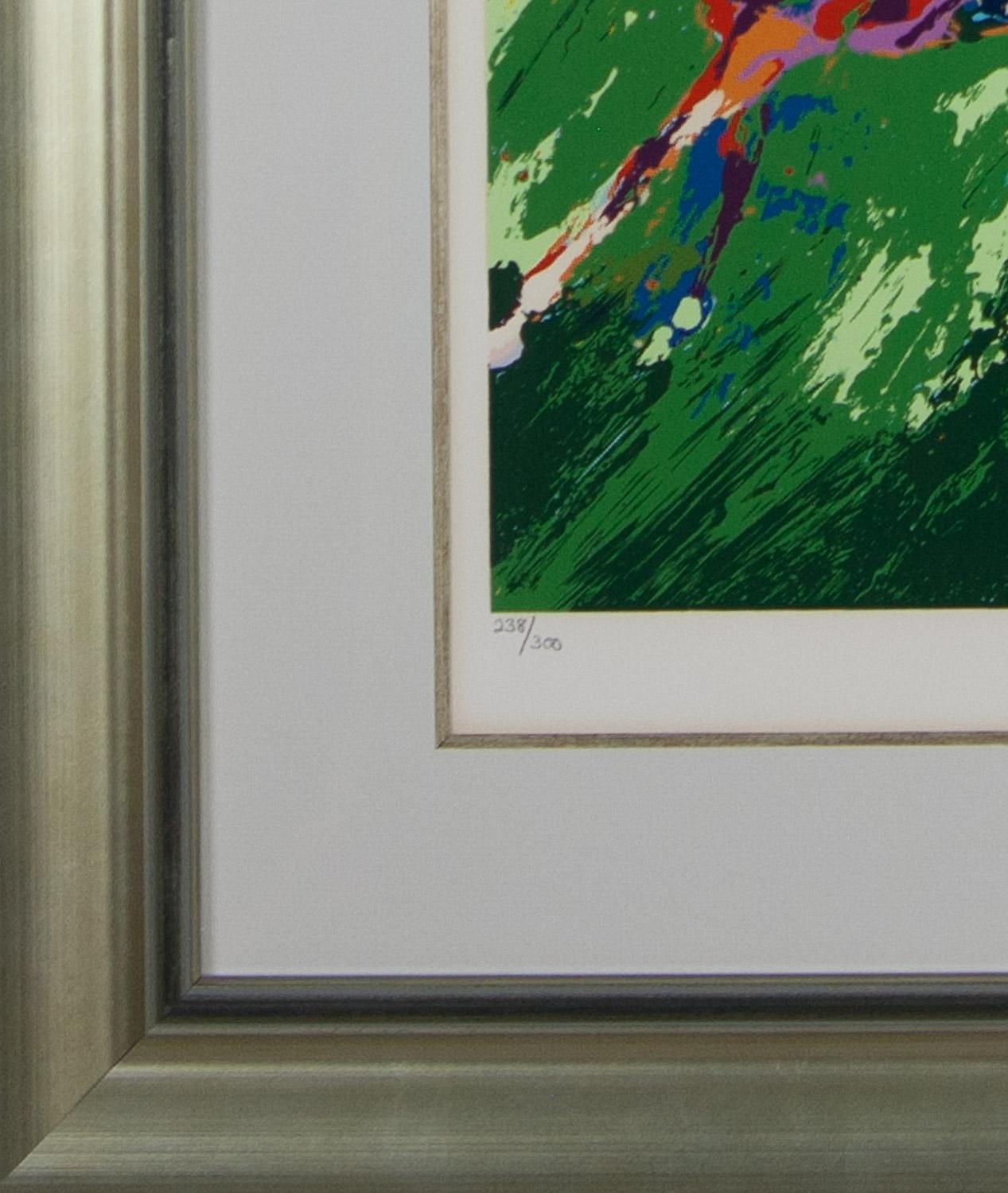    The Equestrian by Leroy Neiman is a framed limited edition  no. 238/300 serigraph signed in pencil by the artist and published on Arches paper by Knoelder Publishing , Inc, 1981. This original serigraph is framed in a burnished silver frame with
