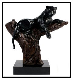LEROY NEIMAN Rare SCULPTURE BRONZE Panthère noire VIGILANT Signé Original ART