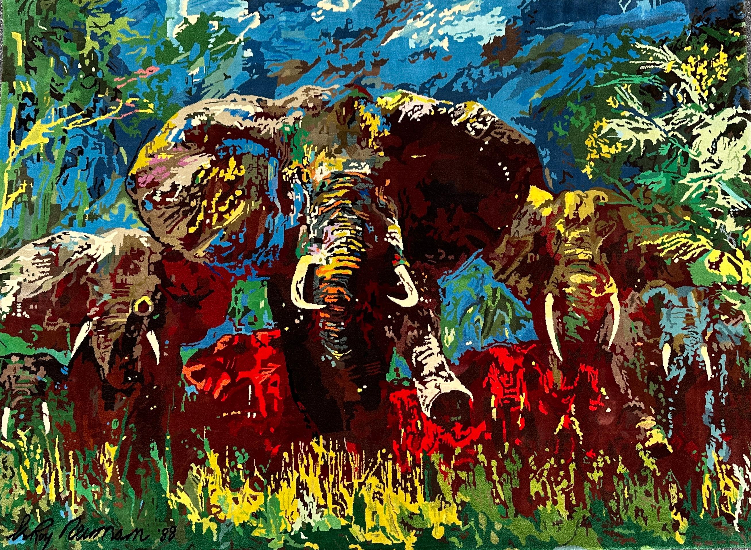 LeRoy Neiman (Amerikaner, 1921-2012) Elefant  Stampede Silk Tapestry, handsigniert.
59 x 80 Zoll (149,9 x  203,2 cm) 
Von und Ausgabe von  36/88.
Herausgegeben von  Knoedler Publishing, New York.