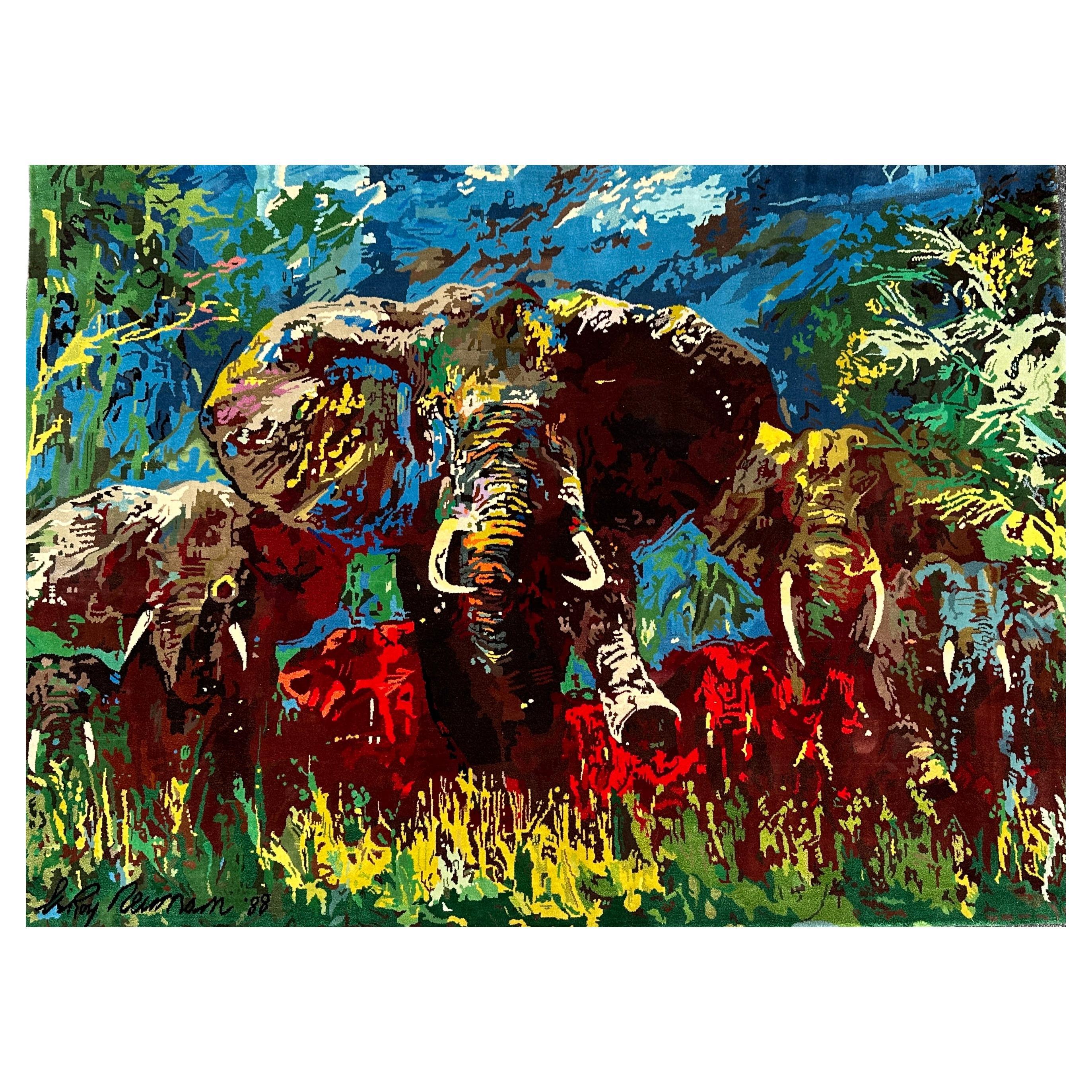 Leroy Neiman Silk Tapestry, Elephant Stampede, Signed and Numbered